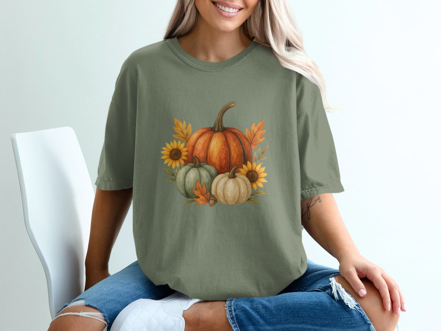 Pumpkin and Sunflower Graphic Casual Fall T-shirt product