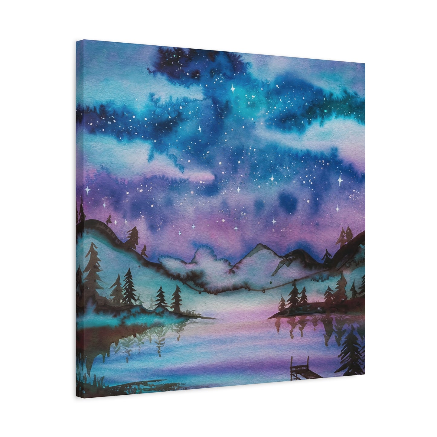 Starry Night Over Lake Watercolor Canvas Wall Art
