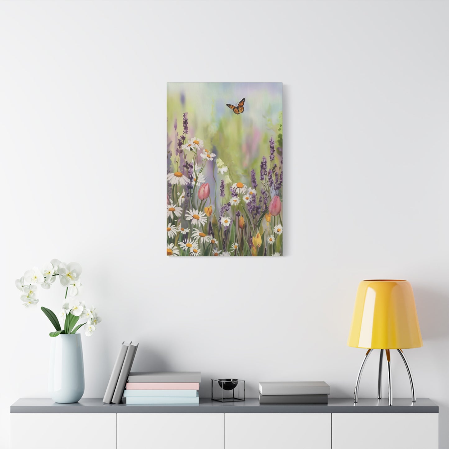 Field Of Flowers With Butterfly Canvas Wall Art