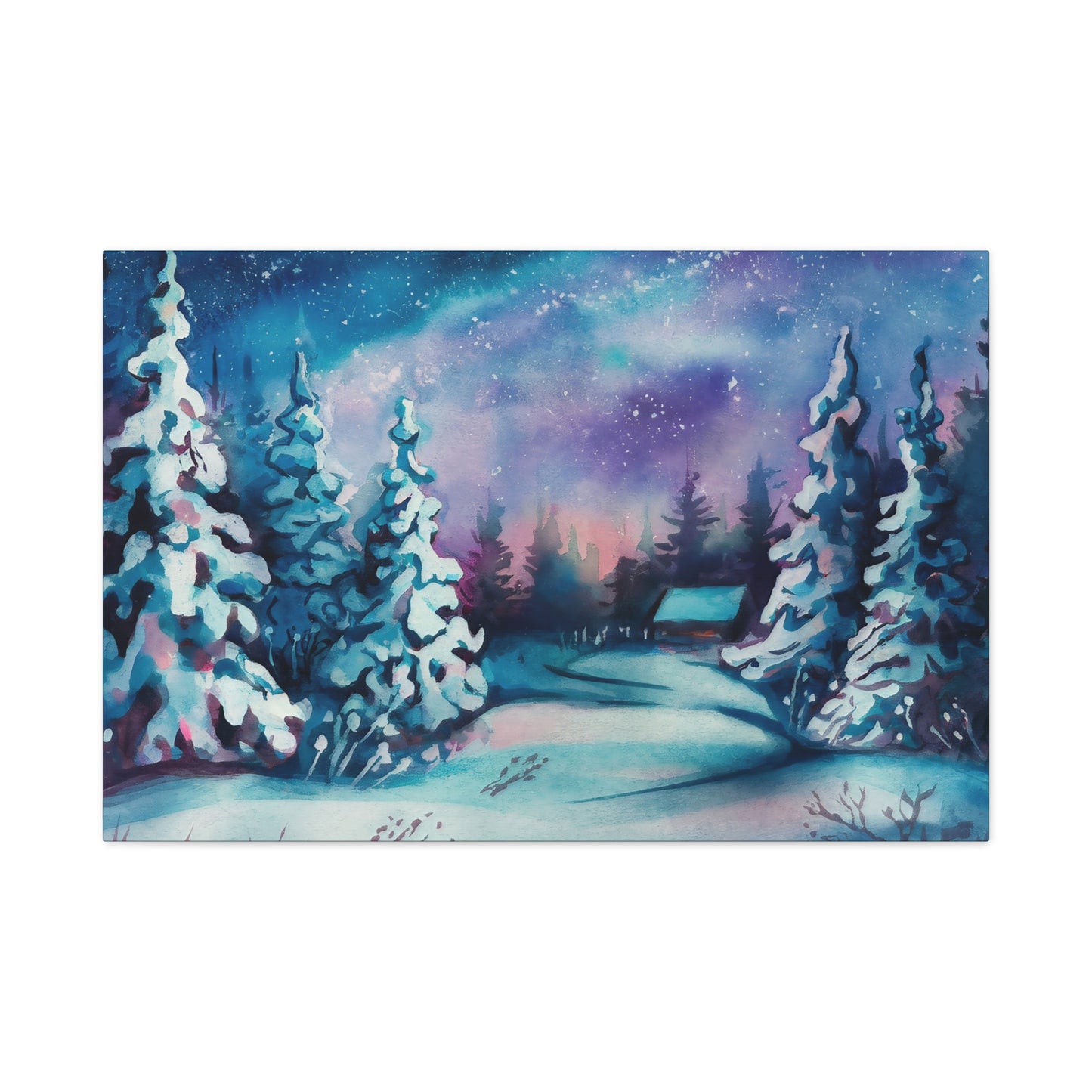Winter Cabin Watercolor Canvas Wall Art
