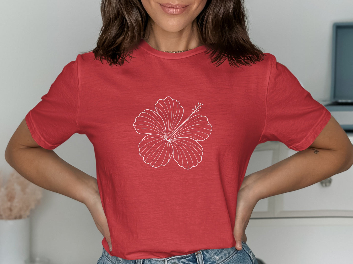 Red T-shirt with Large White Flower Graphic Tee product