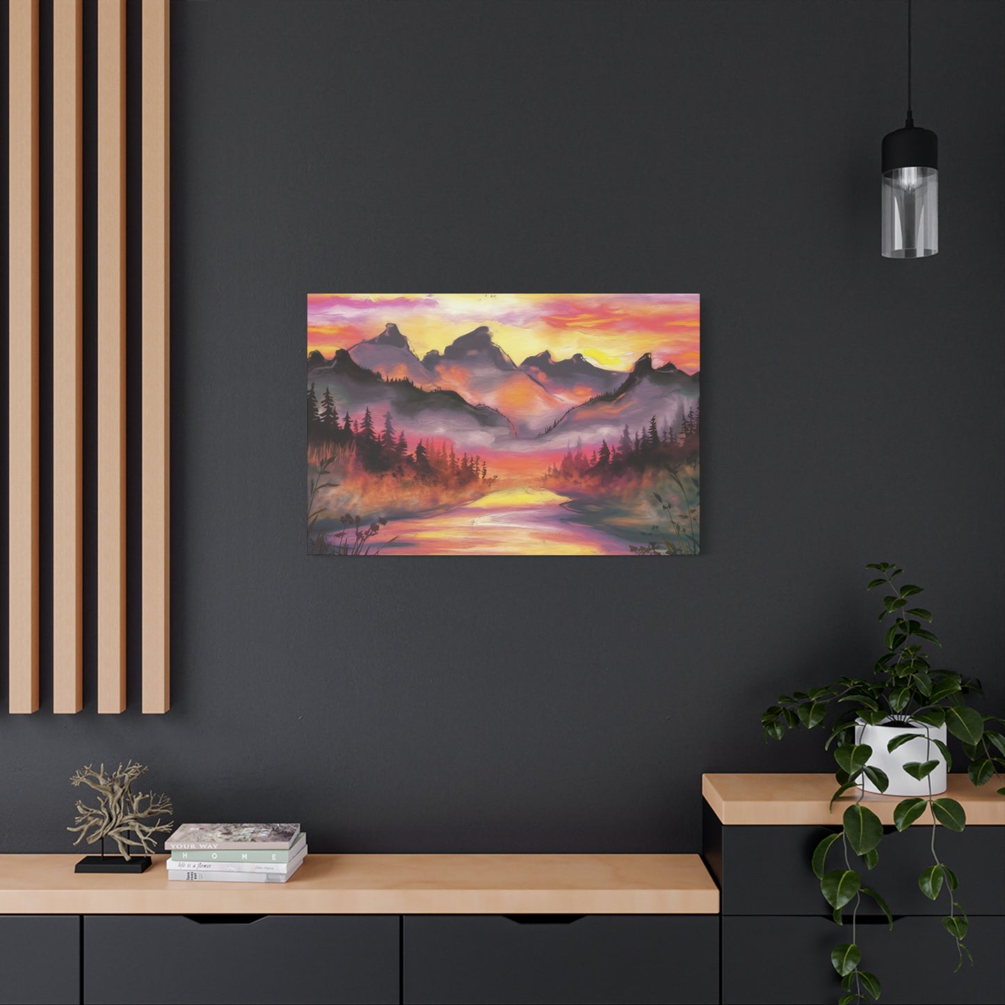 Dreamy Mountain Woodland Sunset Watercolor Canvas Wall Art