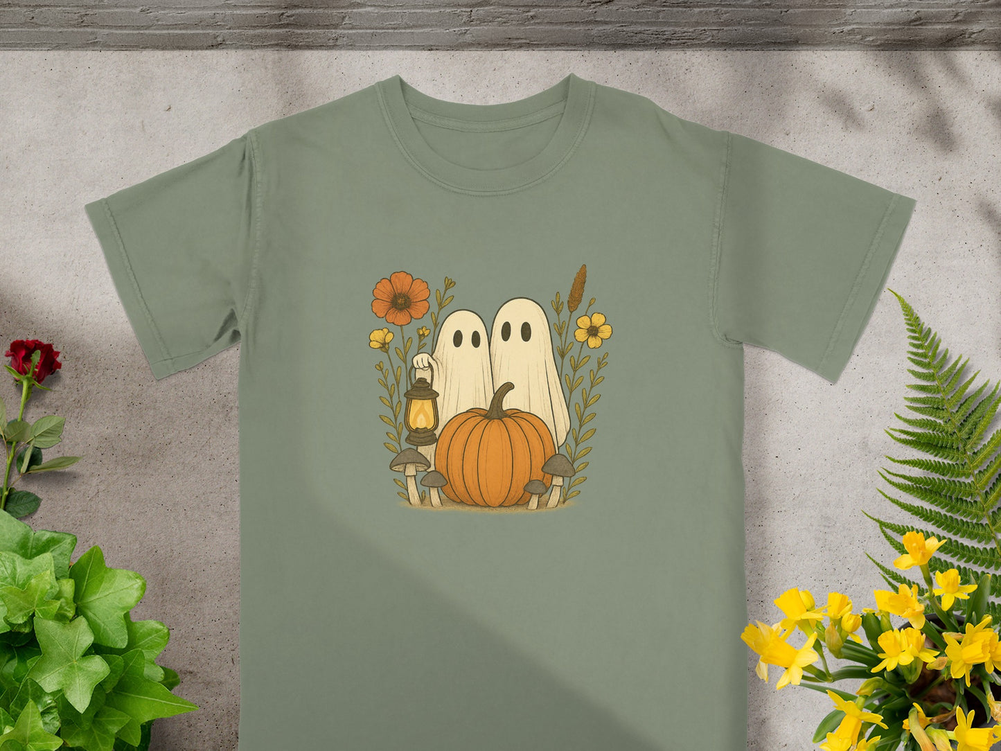 Cute Ghosts with Pumpkin and Flowers Shirt product type