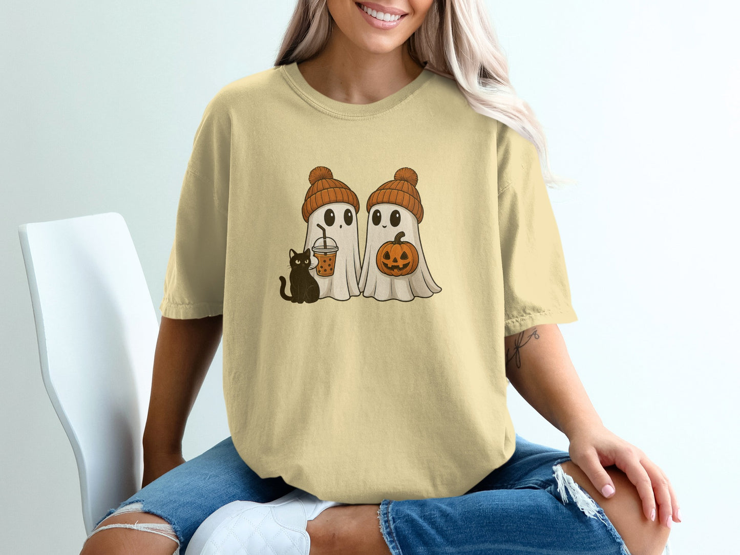 Cute Halloween Ghosts with Cat Graphic T-Shirt product type