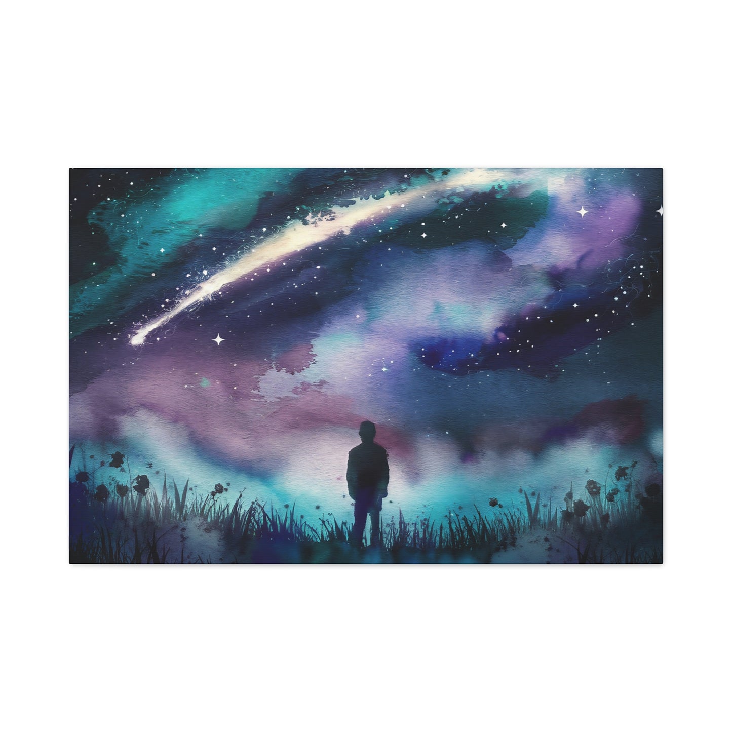 Man Looking Up At Starry Night Watercolor Canvas Wall Art