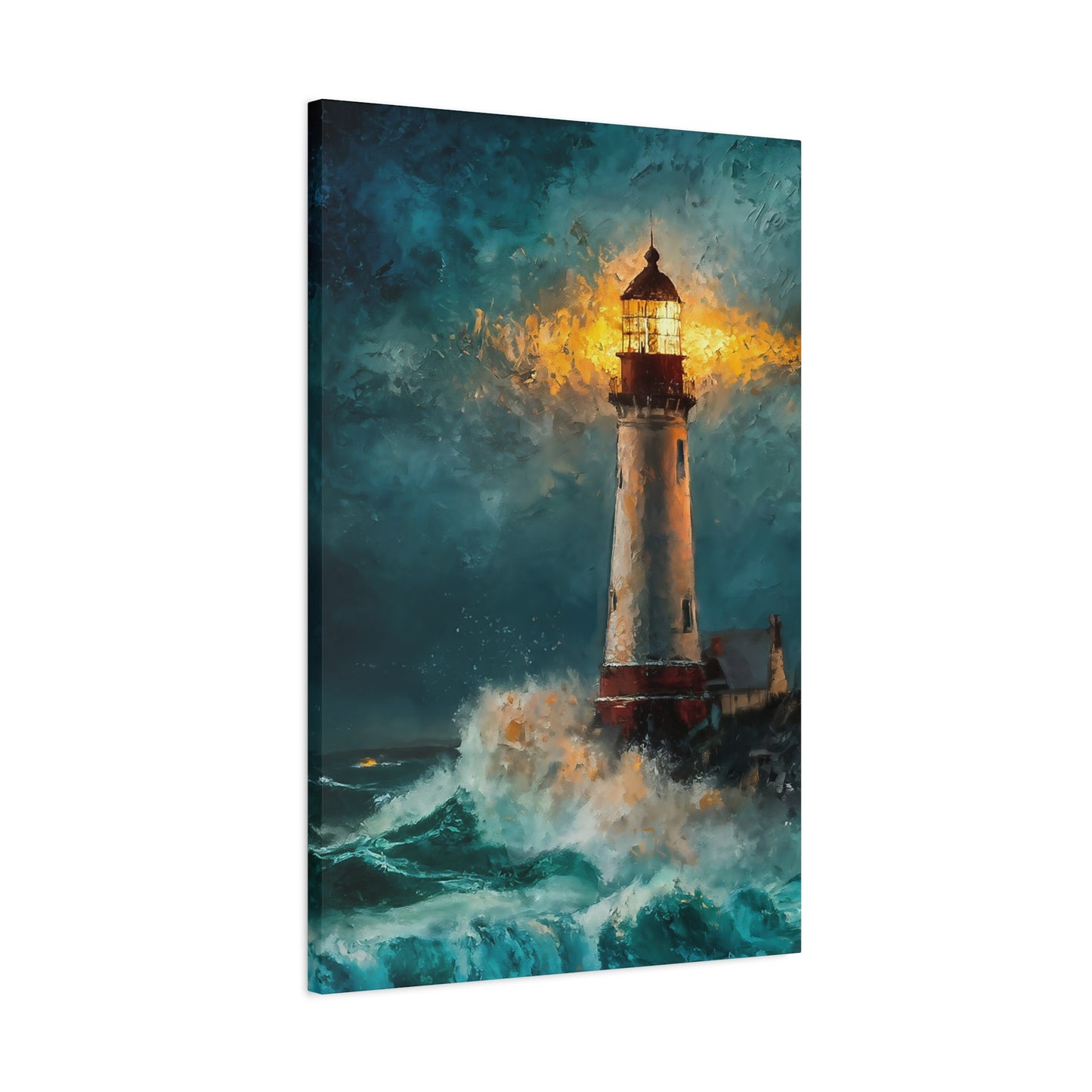 Oil Painting Of Lighthouse In Stormy Seas Canvas Wall Art
