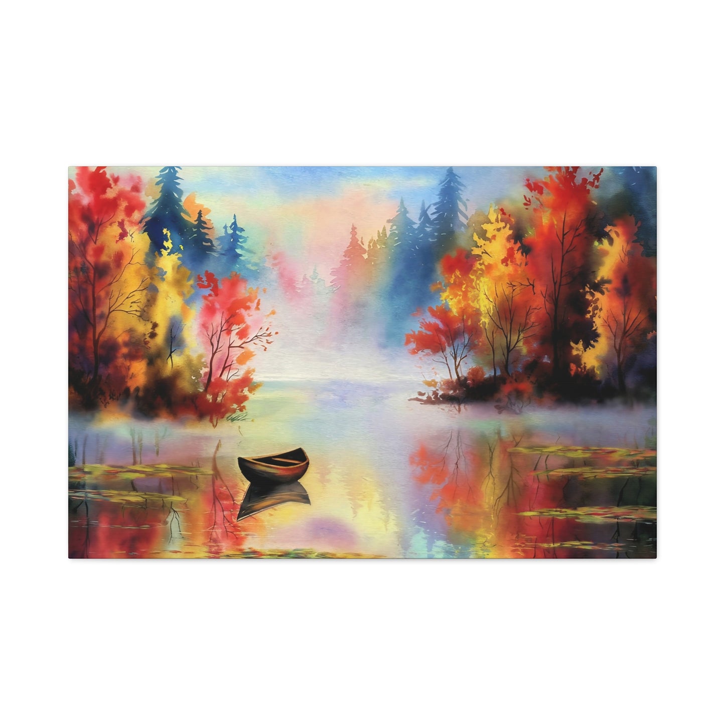 Small Boat On Mountain Lake In The Fall Watercolor Canvas Wall Art