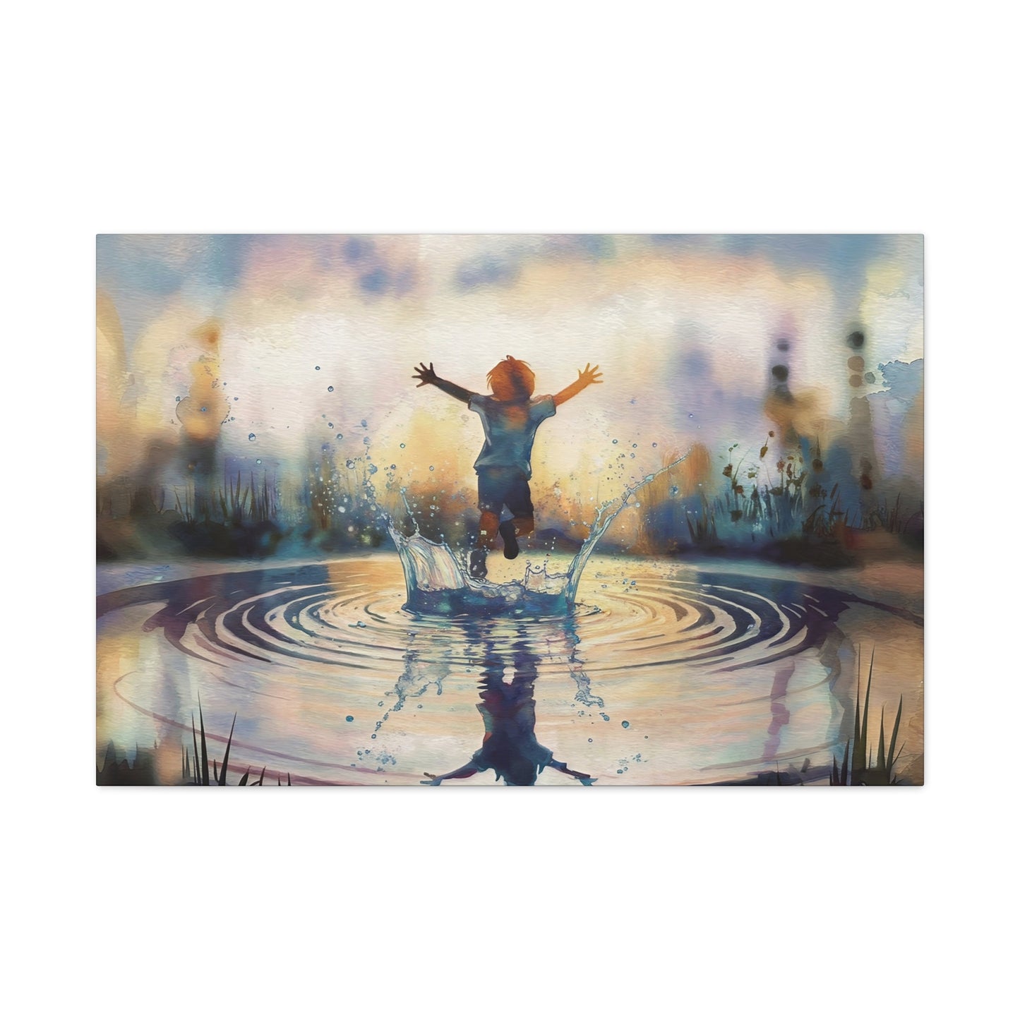 Boy Splashing In Puddle Watercolor Canvas Wall Art
