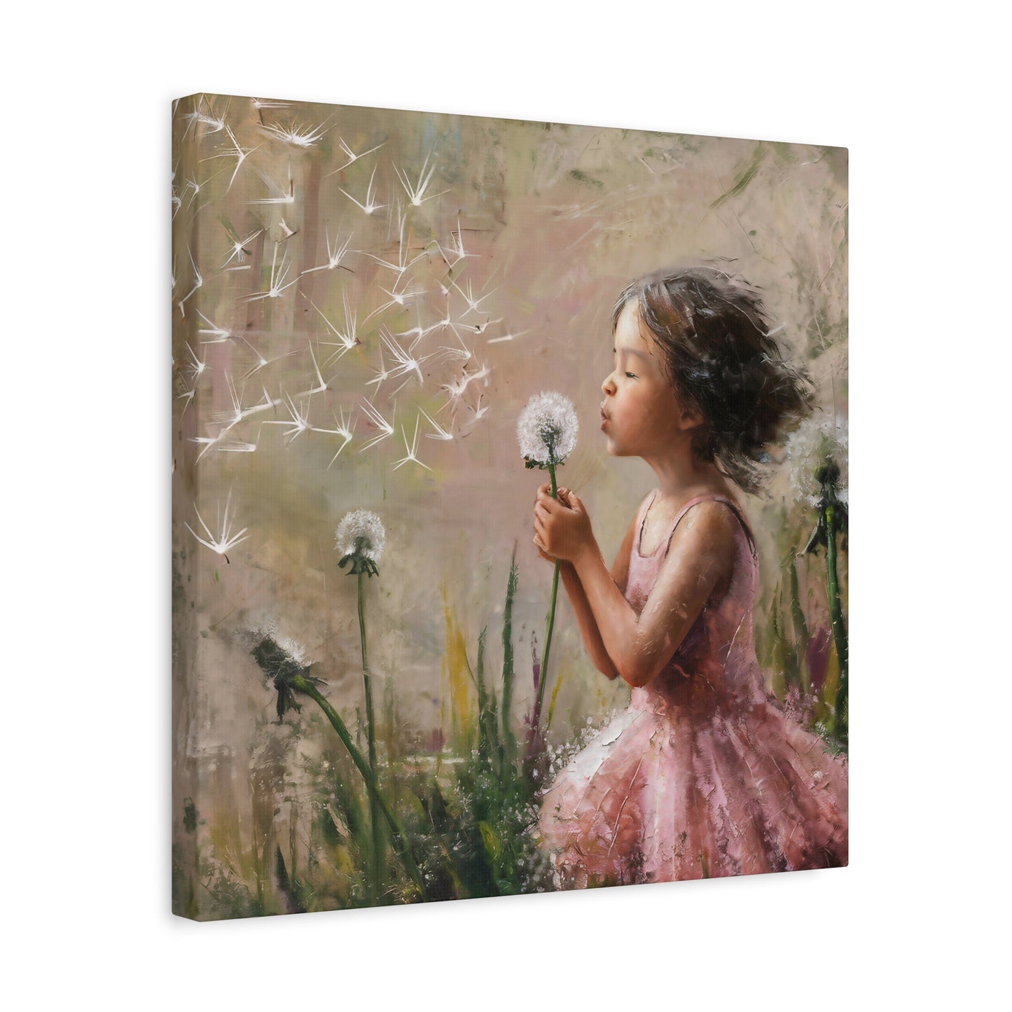 Girl Blowing Dandelion Seeds Canvas Wall Art