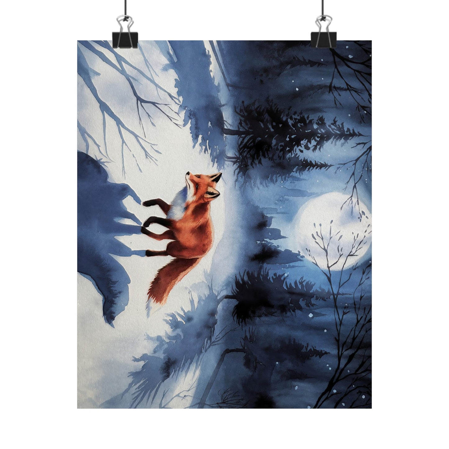 Fox Winter Night Watercolor Poster