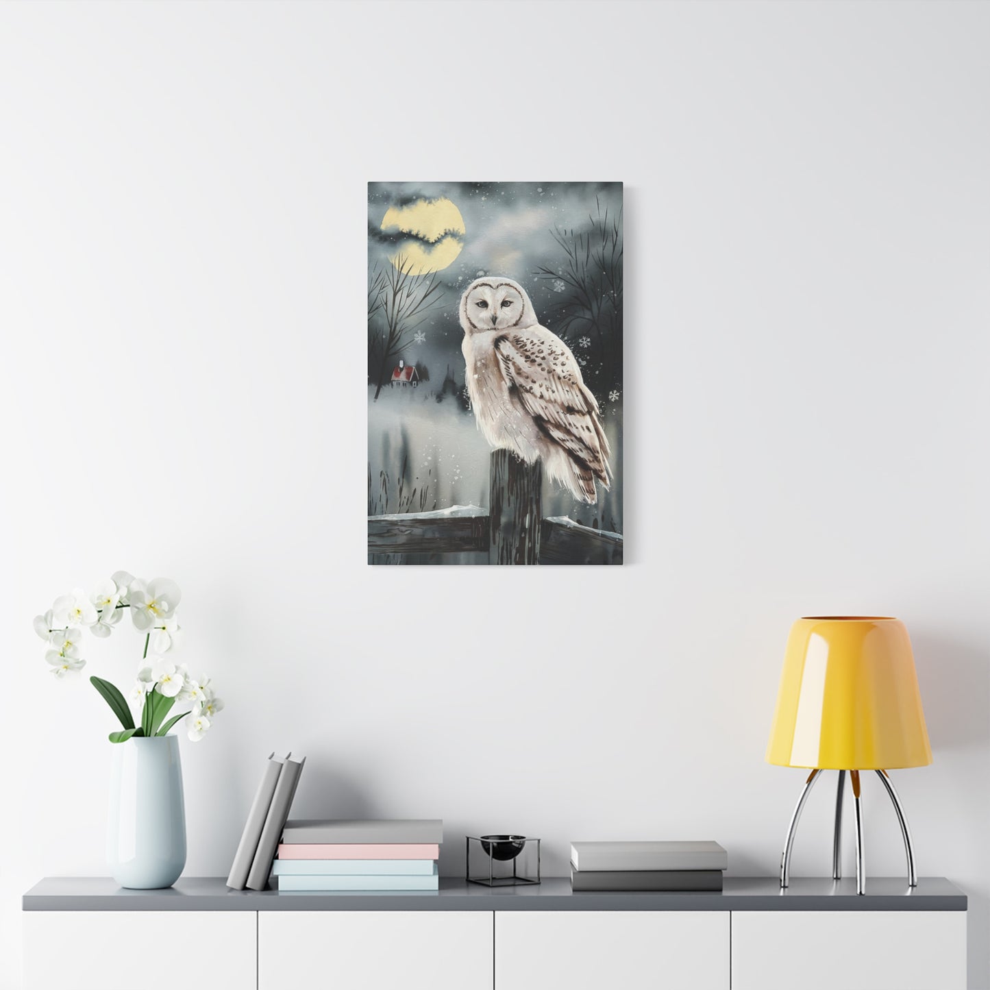 Snow Owl At Night On Post Canvas Wall Art