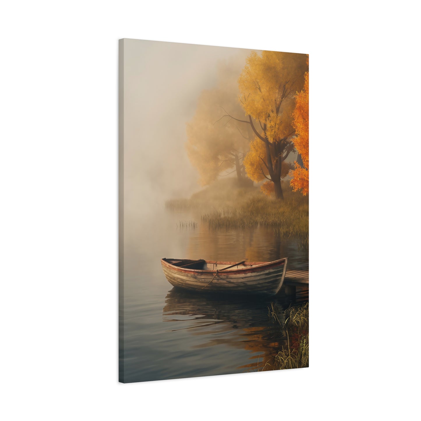 Wooden Boat On A Foggy Lake Canvas Wall Art