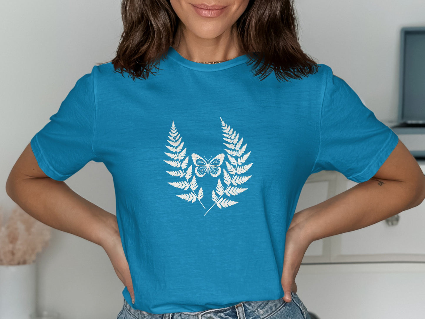 Blue Shirt with Fern and Butterfly Print Shirt product
