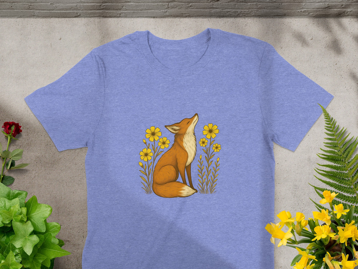 Fox and Flowers Design on Blue T-shirt Product