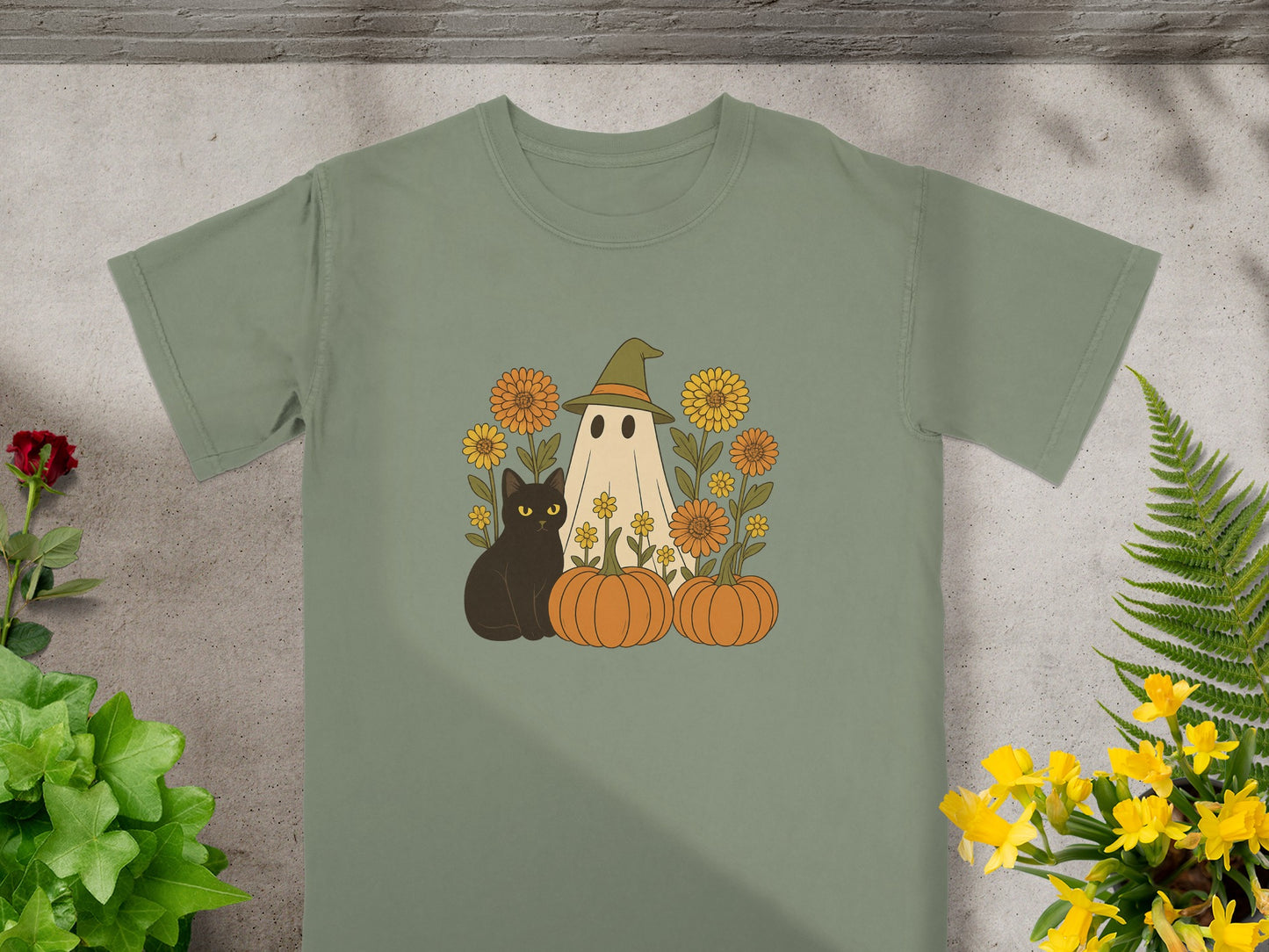 Halloween Cat Ghost And Pumpkins Graphic Tee product