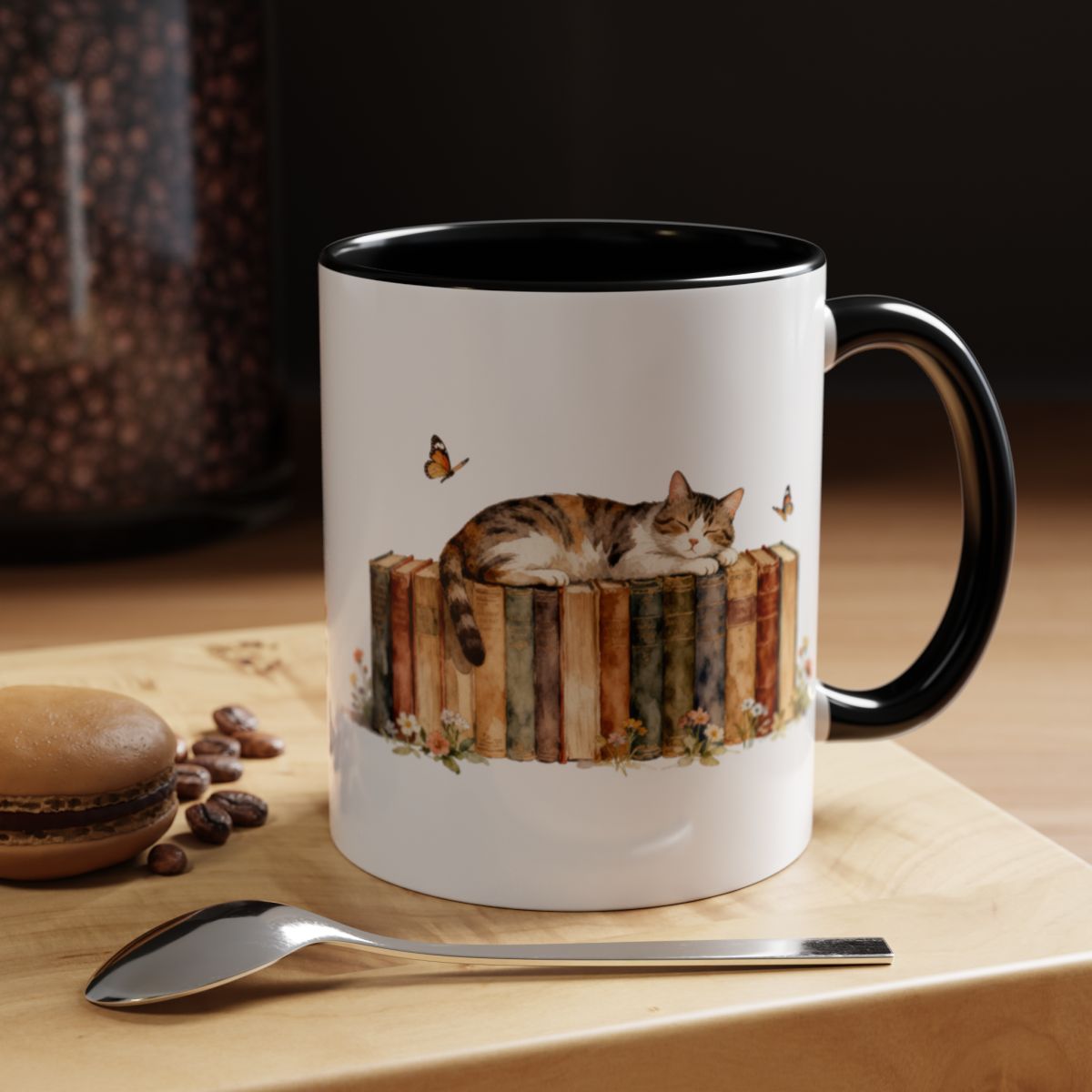 Cozy Cat Relaxing on Books Mug product type