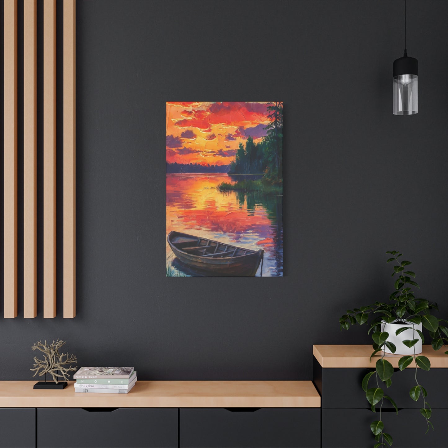 Wooden Boat At Sunset Canvas Wall Art