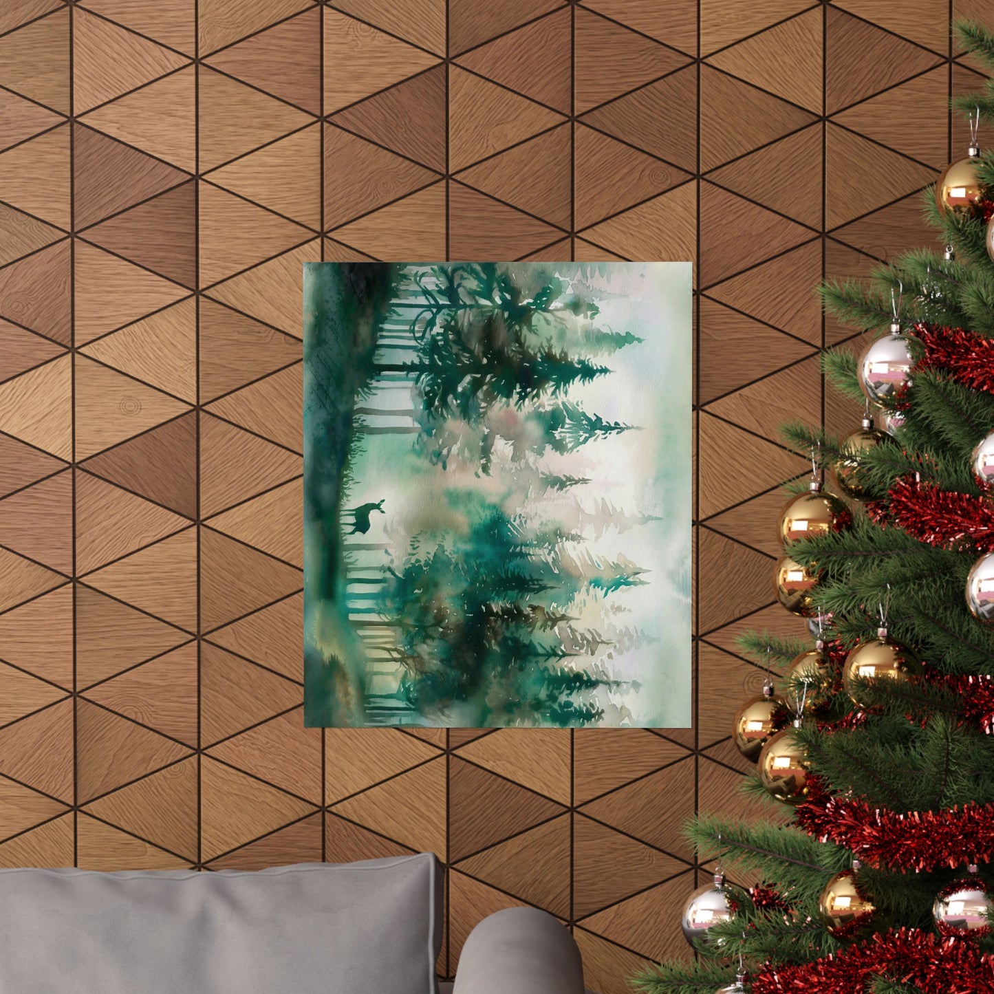 Pine Forest With Deer Watercolor Poster