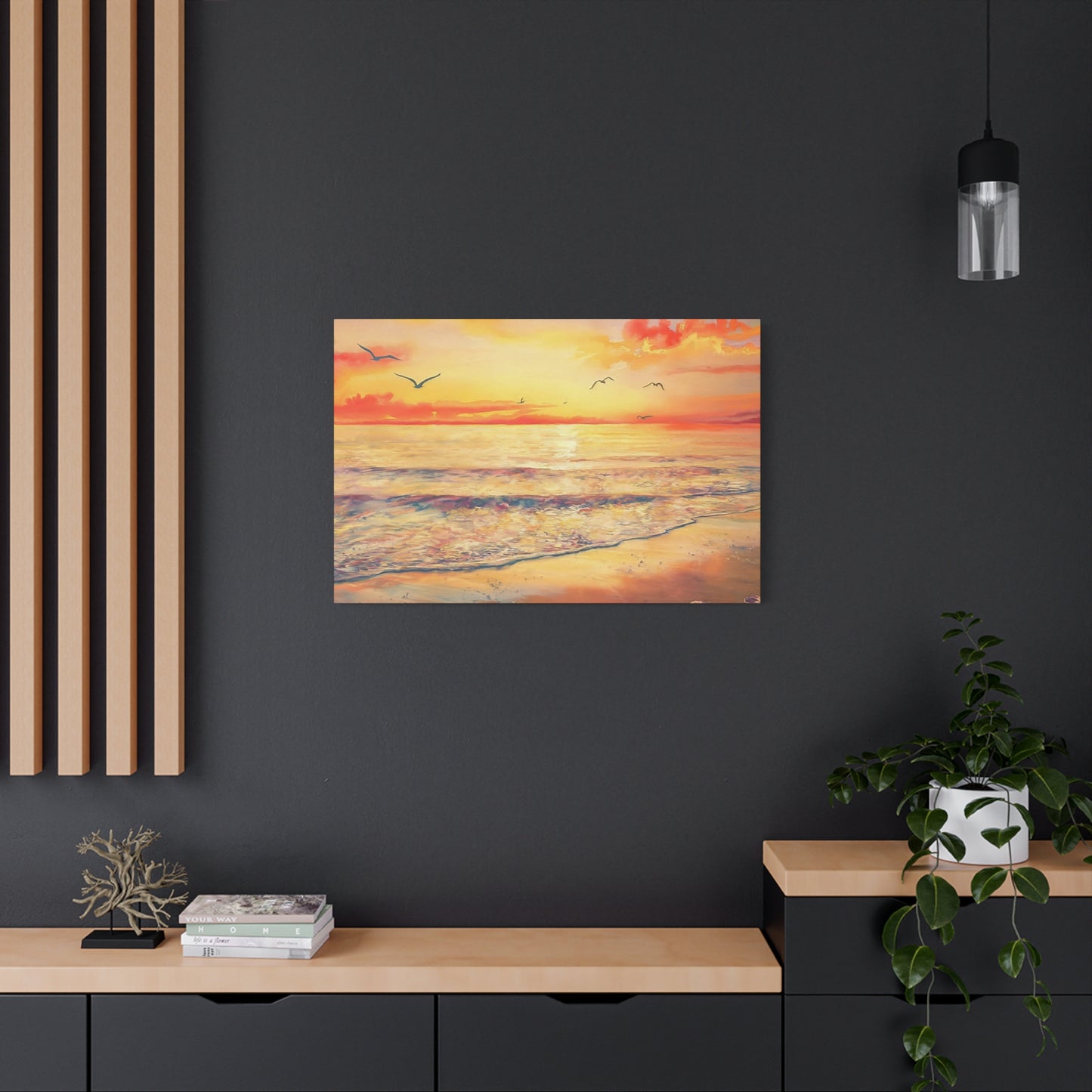 Ocean Sunset With Seagulls Watercolor Canvas Wall Art