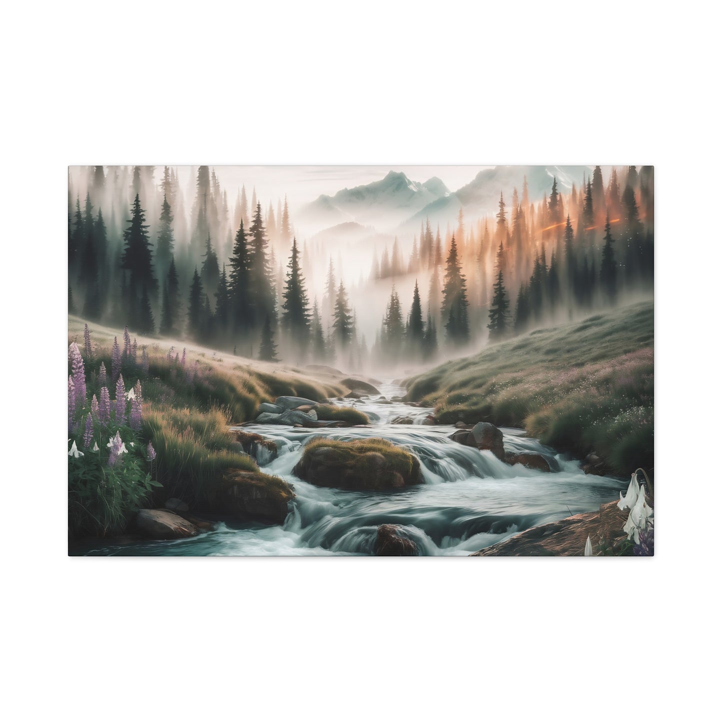 Misty Mountain Stream Watercolor Canvas Wall Art