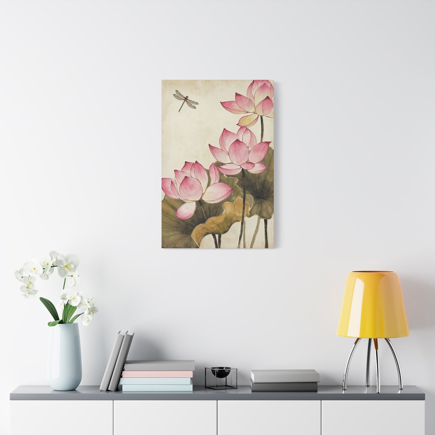 Pink Flowers With Dragonfly Canvas Wall Art