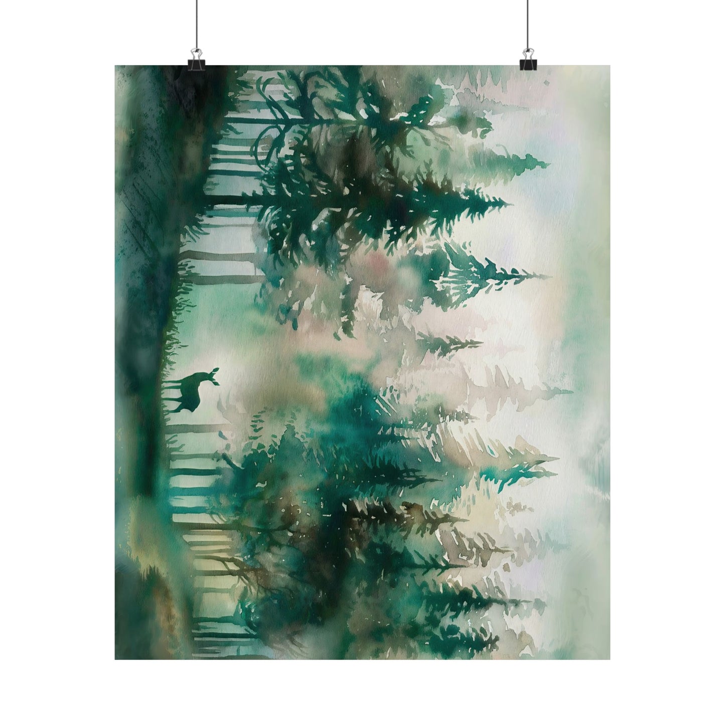 Pine Forest With Deer Watercolor Poster