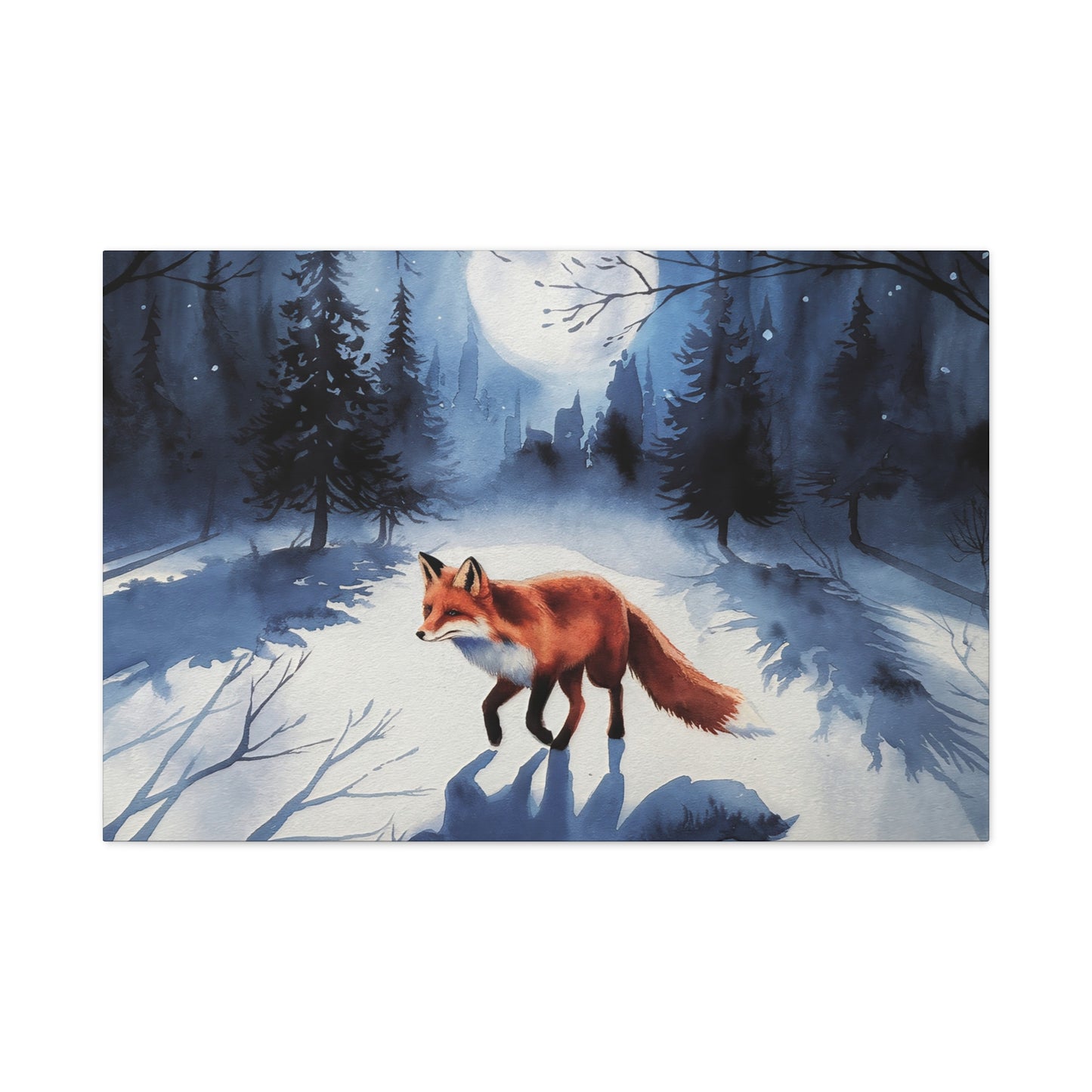 Fox Winter Night Watercolor Canvas Wall Art