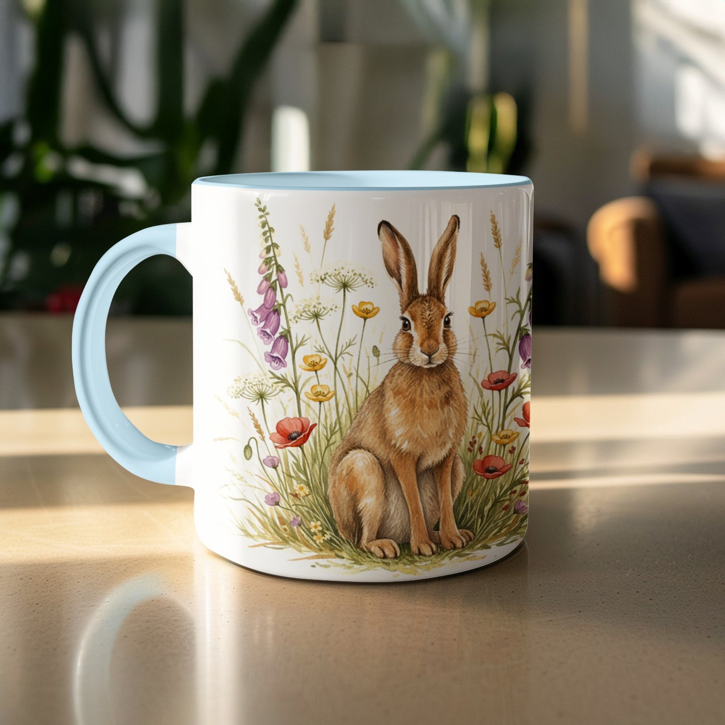 Adorable Wild Rabbit with Flowers Illustrated Mug