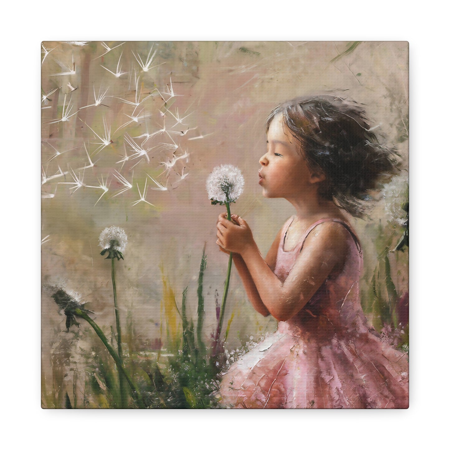 Girl Blowing Dandelion Seeds Canvas Wall Art
