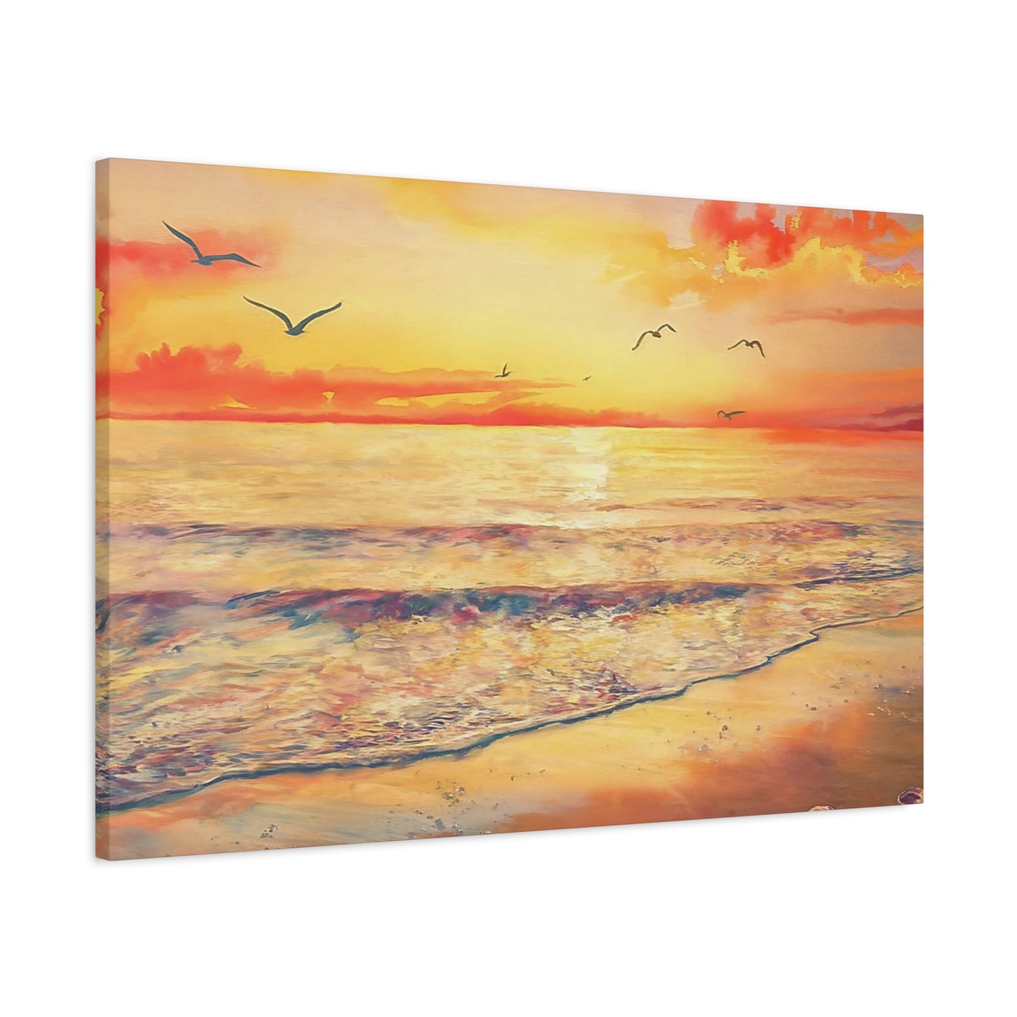 Ocean Sunset With Seagulls Watercolor Canvas Wall Art