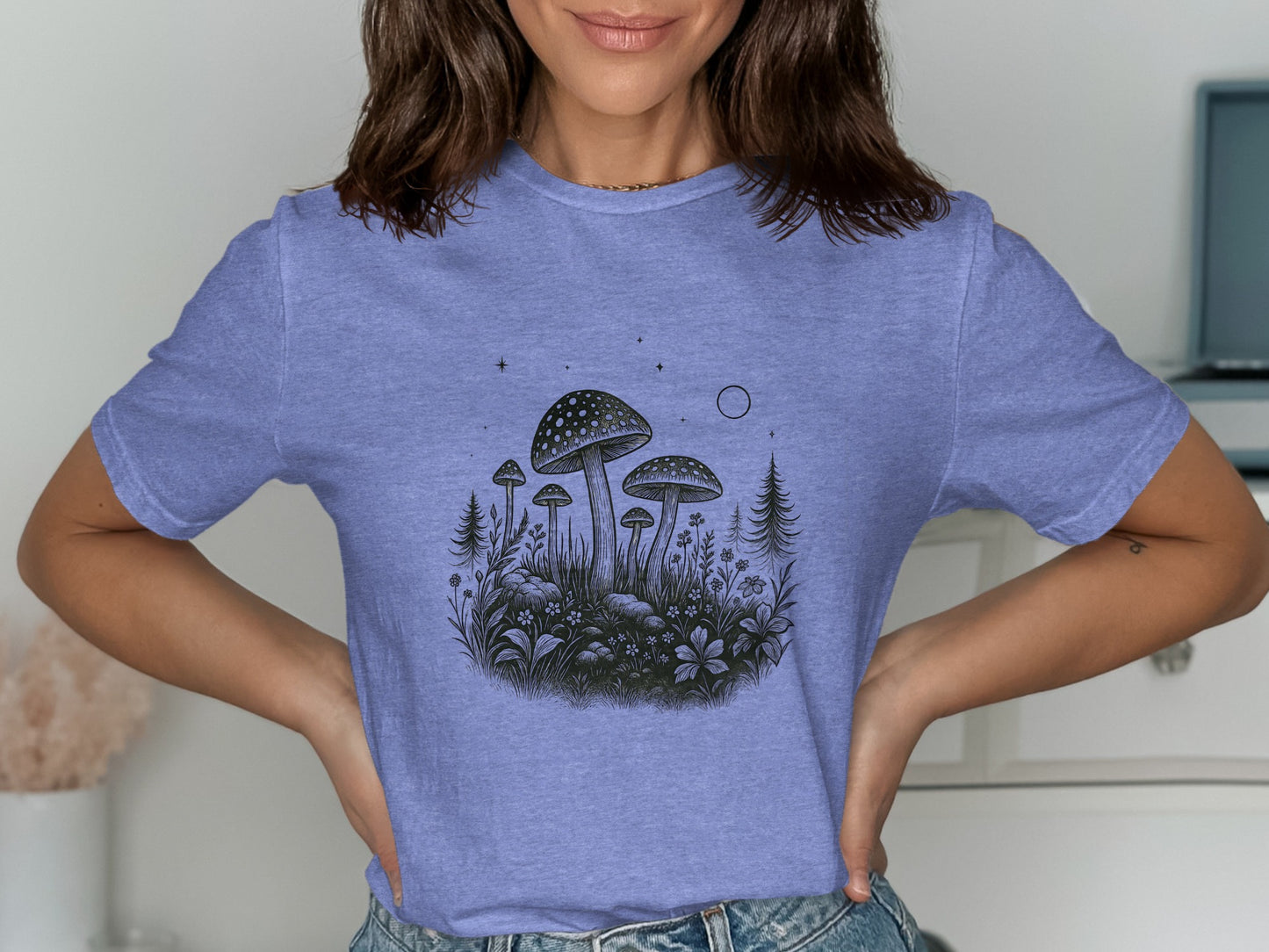 Purple Graphic T-Shirt with Mushrooms Art product
