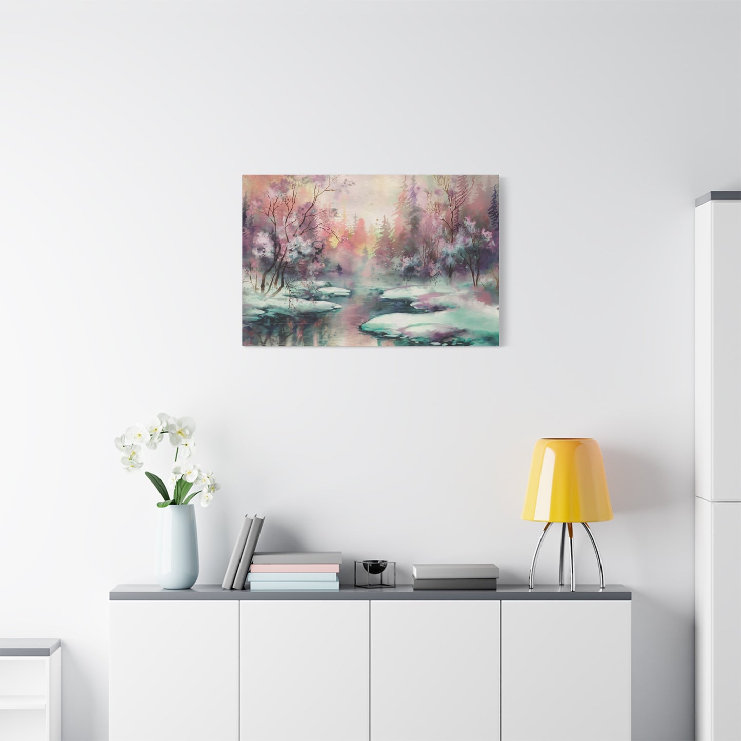 Winter Forest Stream Watercolor Canvas Wall Art