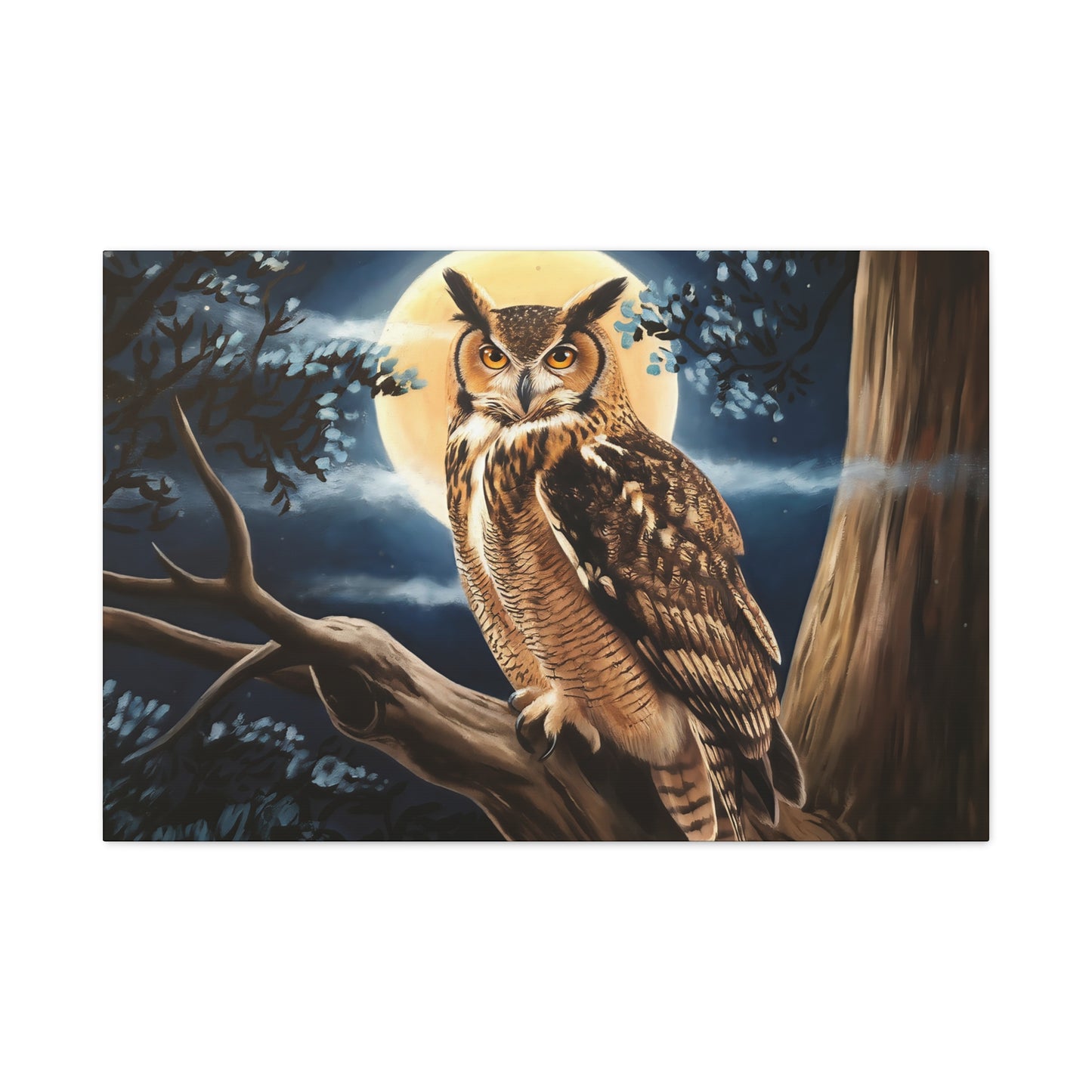 Horned Owl With Full Moon Watercolor Canvas Wall Art