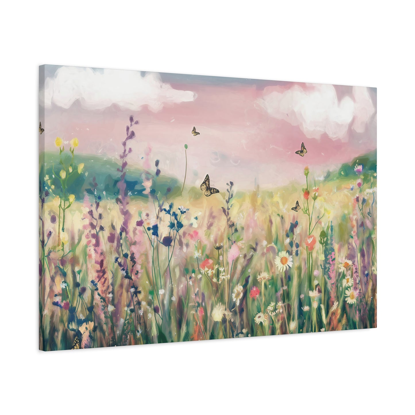Wildflower Meadow With Butterflies Watercolor Canvas Wall Art