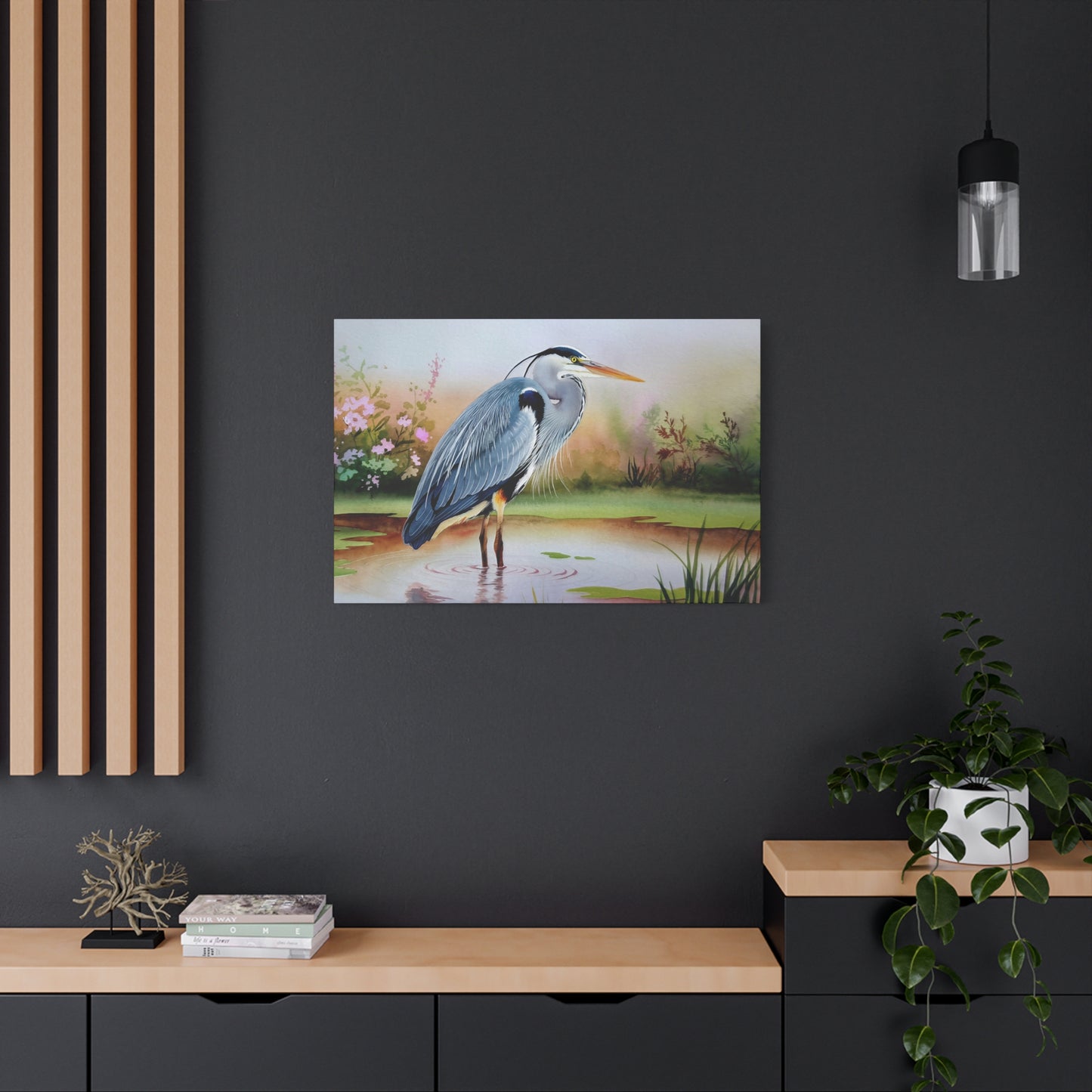 Blue Heron Standing In Water Watercolor Canvas Wall Art
