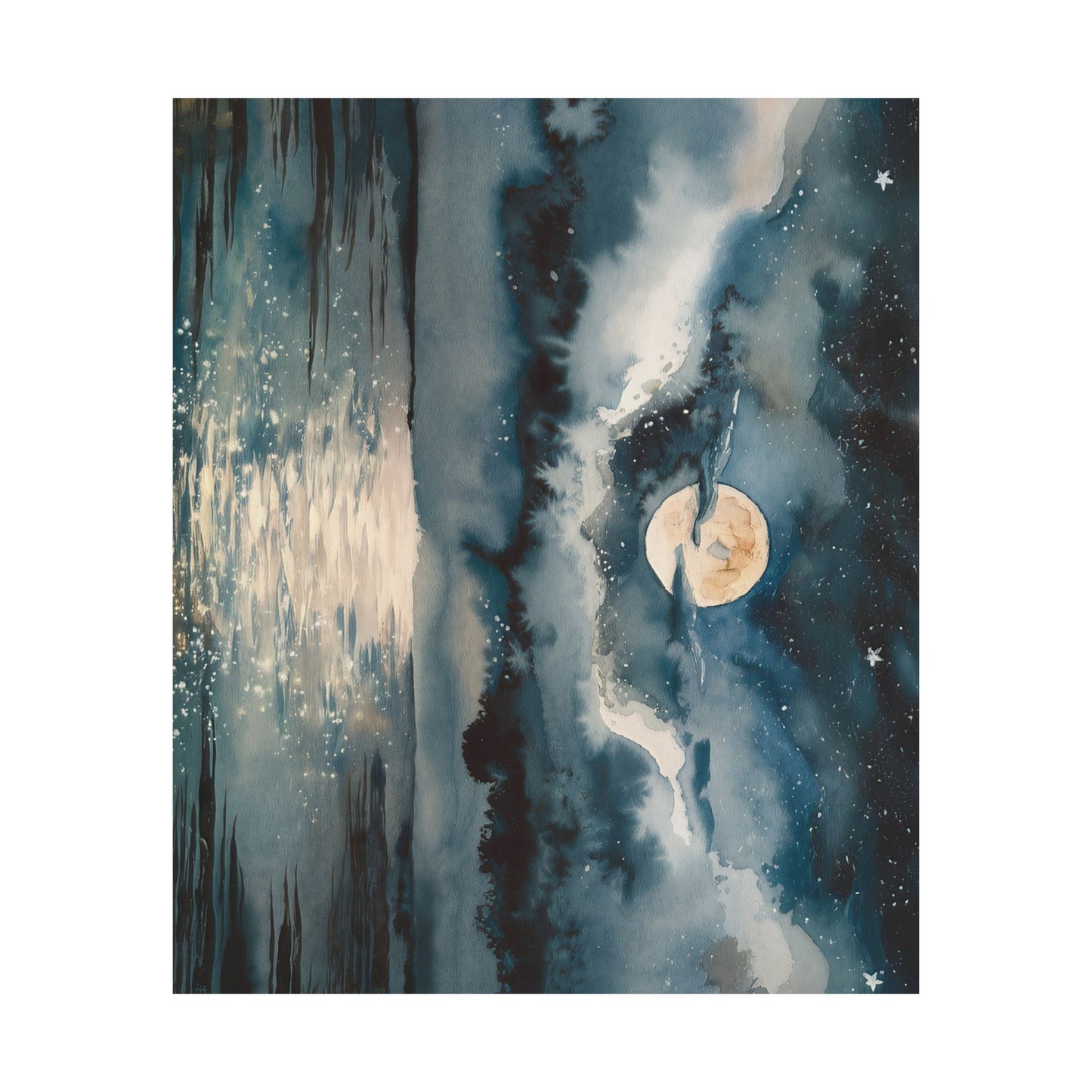 Full Moon Over Ocean Watercolor Poster