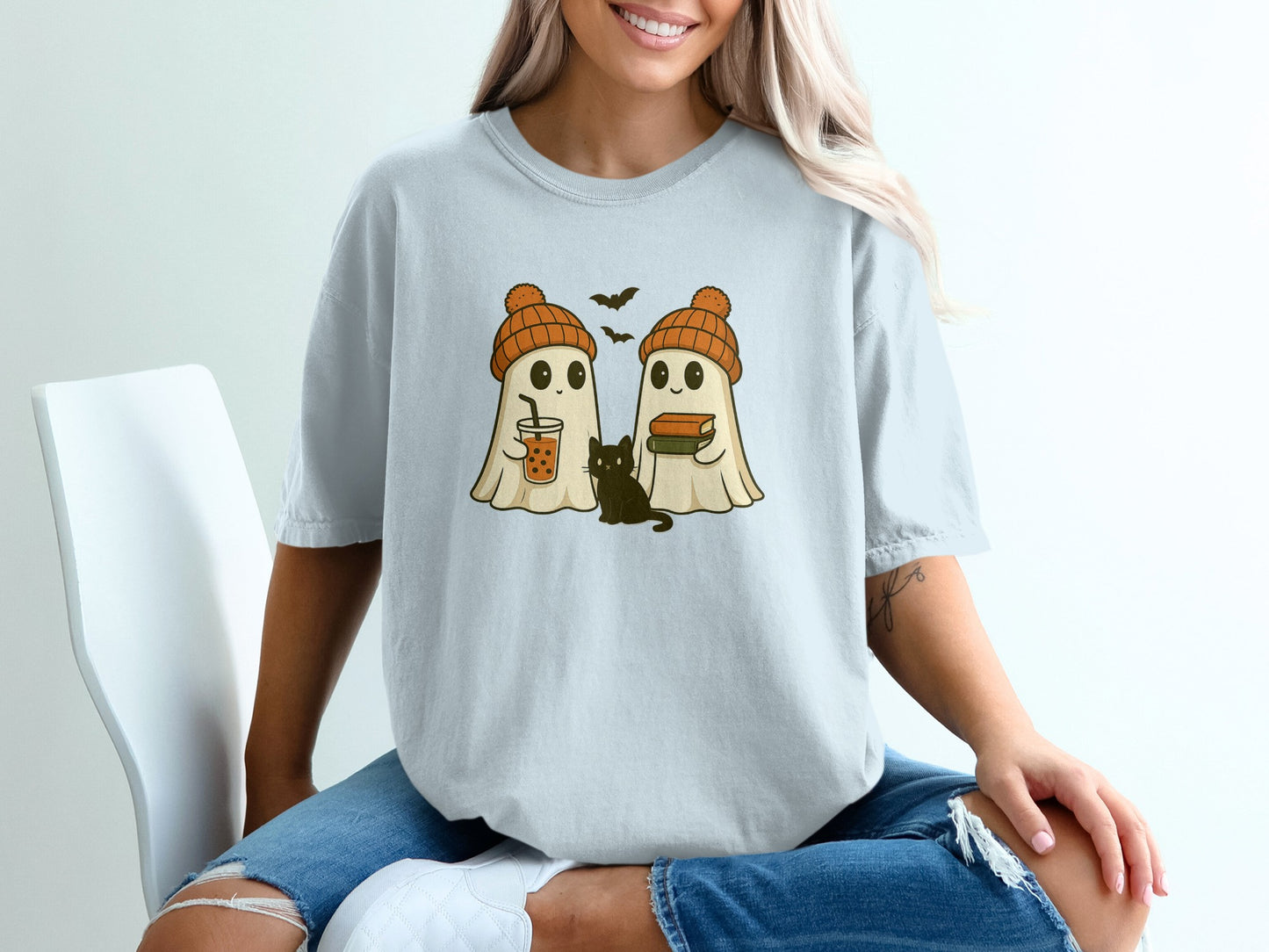 Ghosts with Cat and Books Illustration Shirt product type
