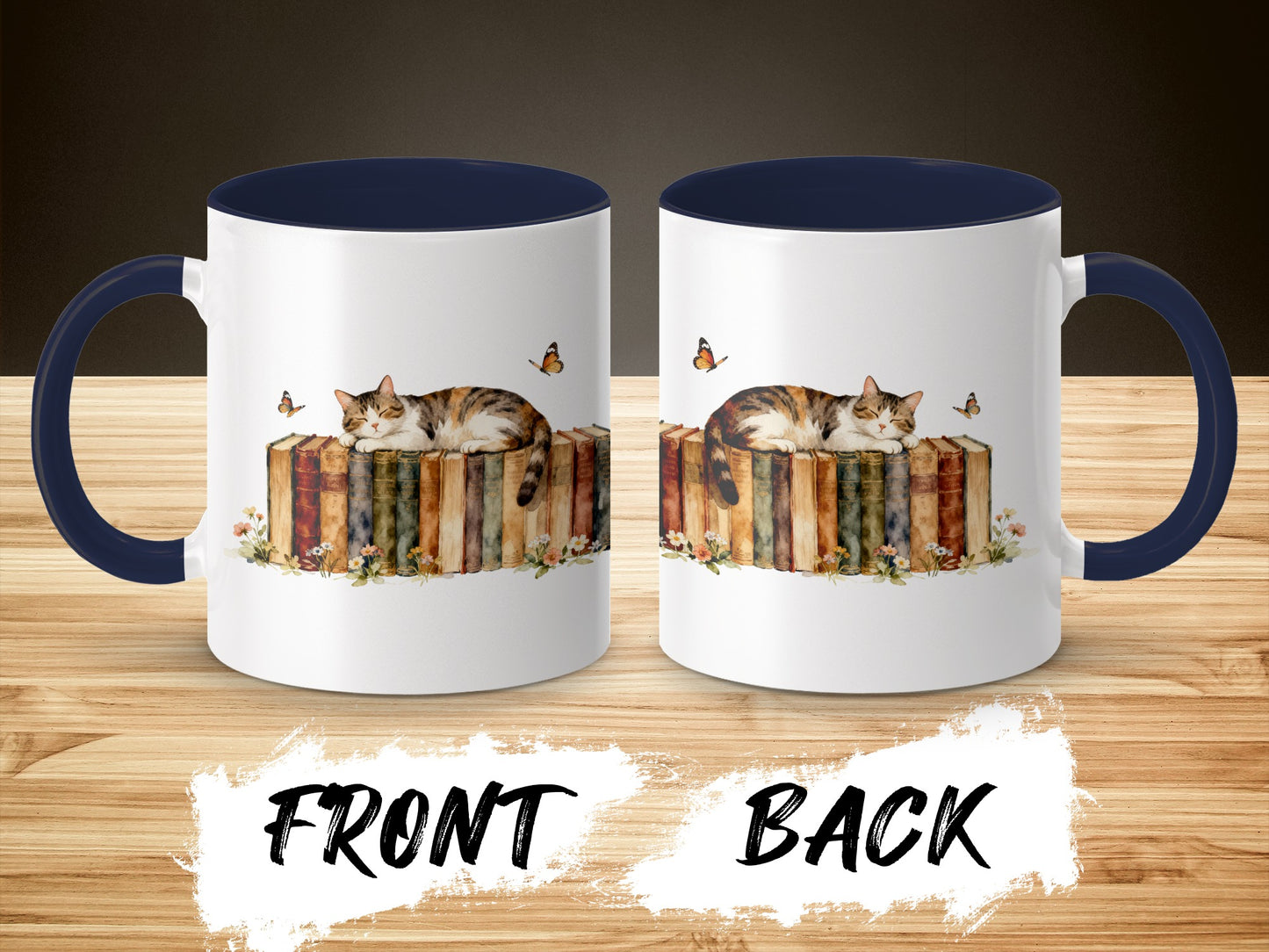 Cute Cat Resting on Books with Butterflies Mug product type