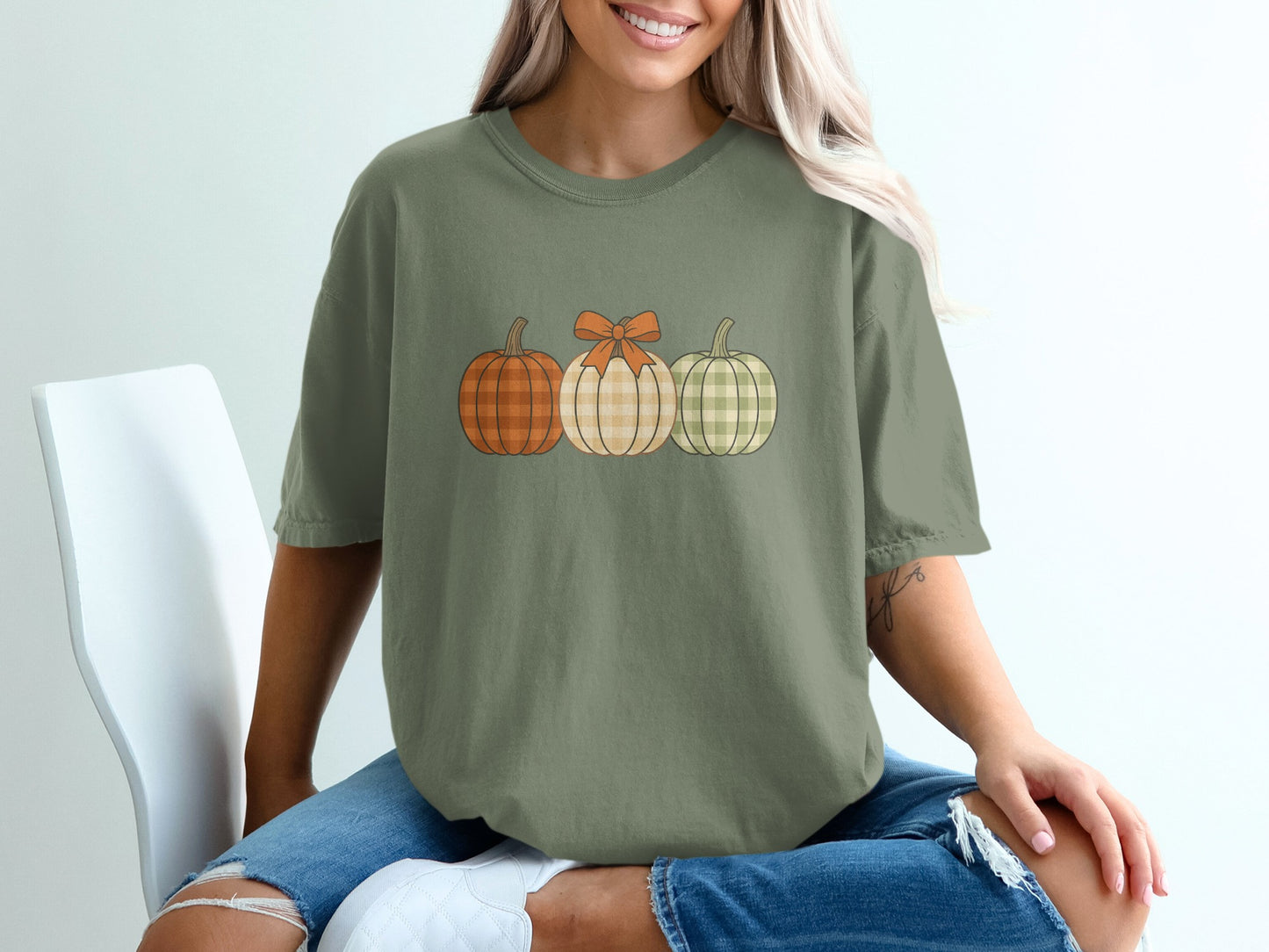 Trio of Pumpkins Graphic on Olive Green Shirt product