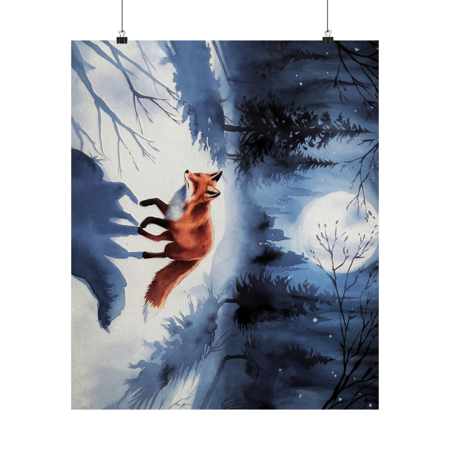 Fox Winter Night Watercolor Poster