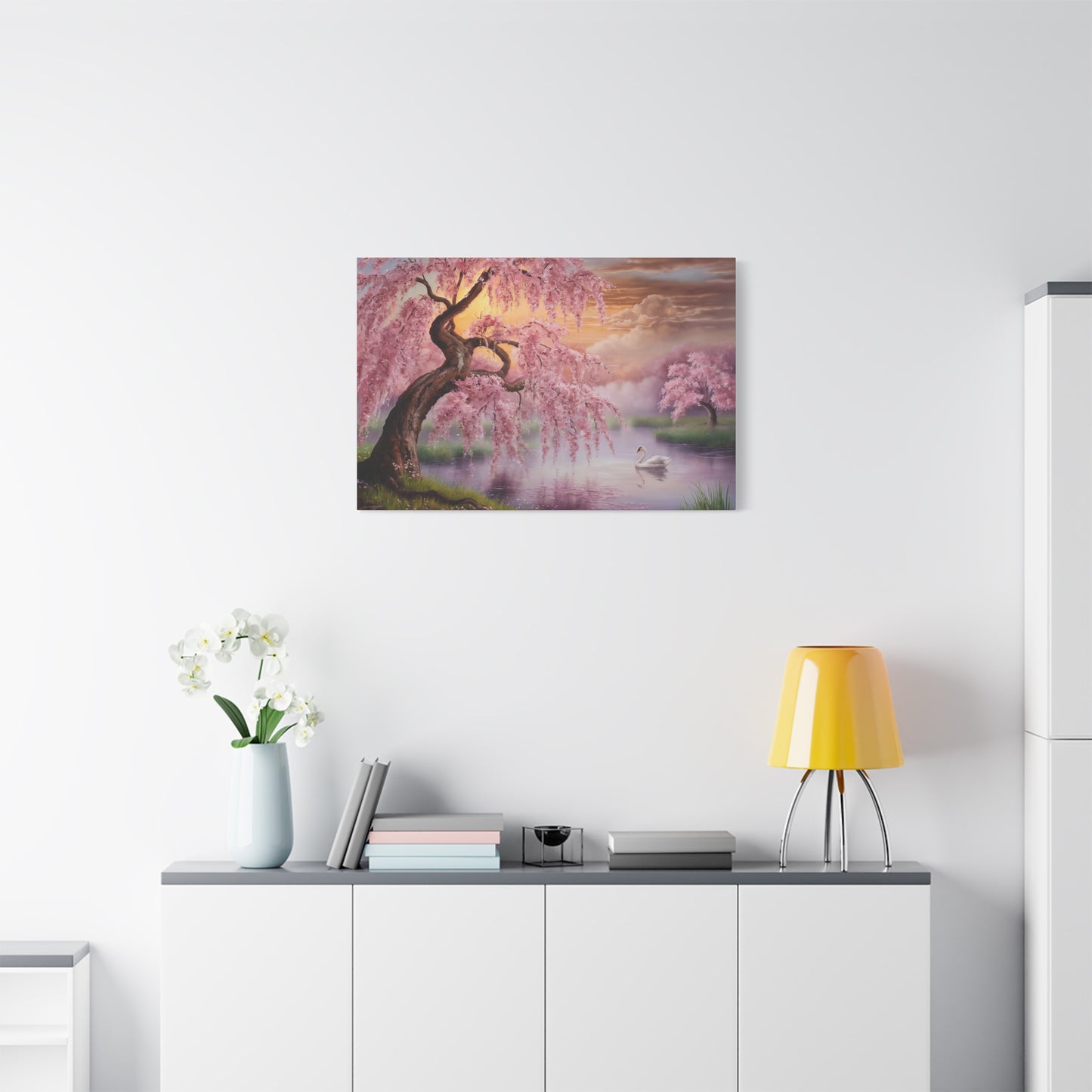 Cherry Tree And Swan Watercolor Canvas Wall Art