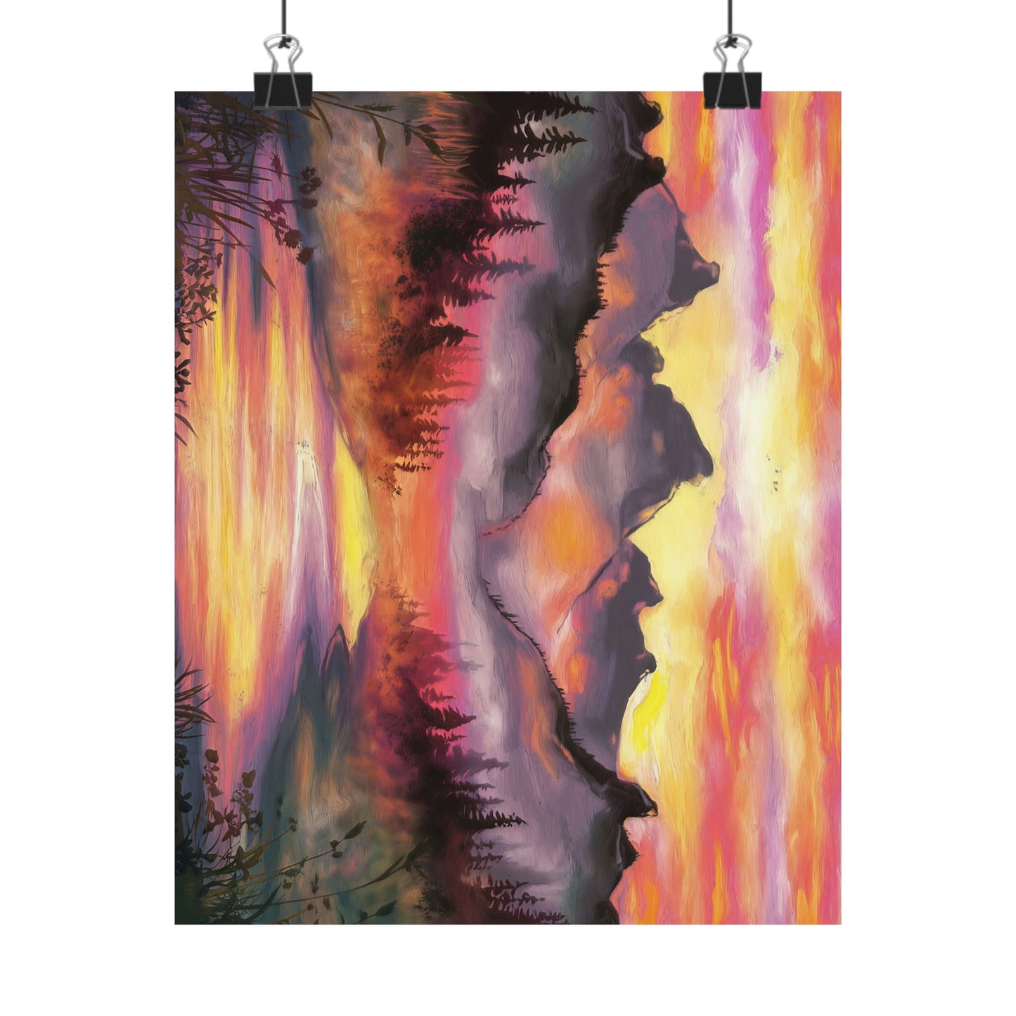 Dreamy Mountain Woodland Sunset Watercolor Poster