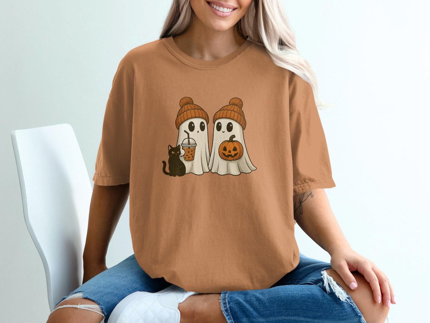 Cute Ghosts with Cat and Pumpkin Illustration product type