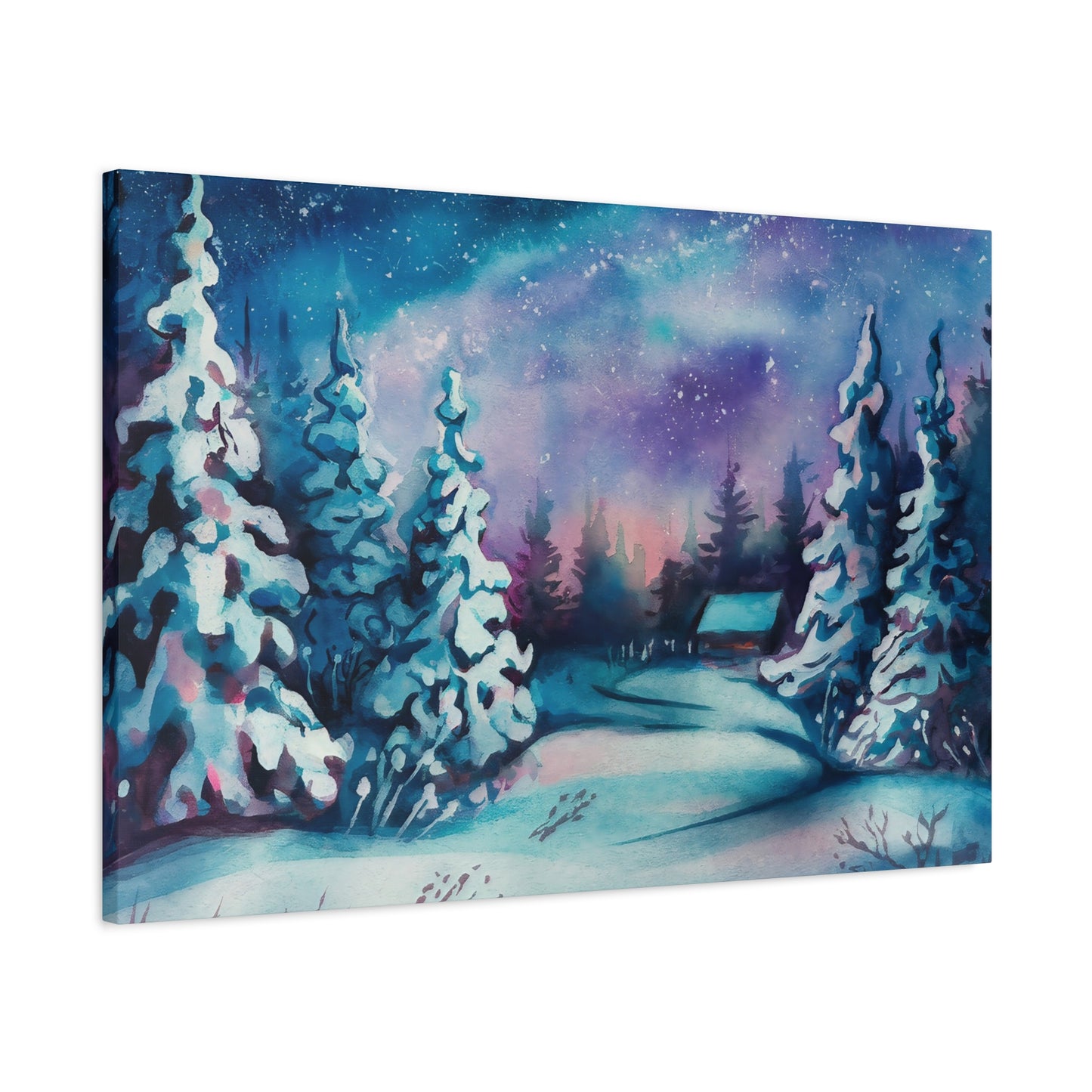 Winter Cabin Watercolor Canvas Wall Art