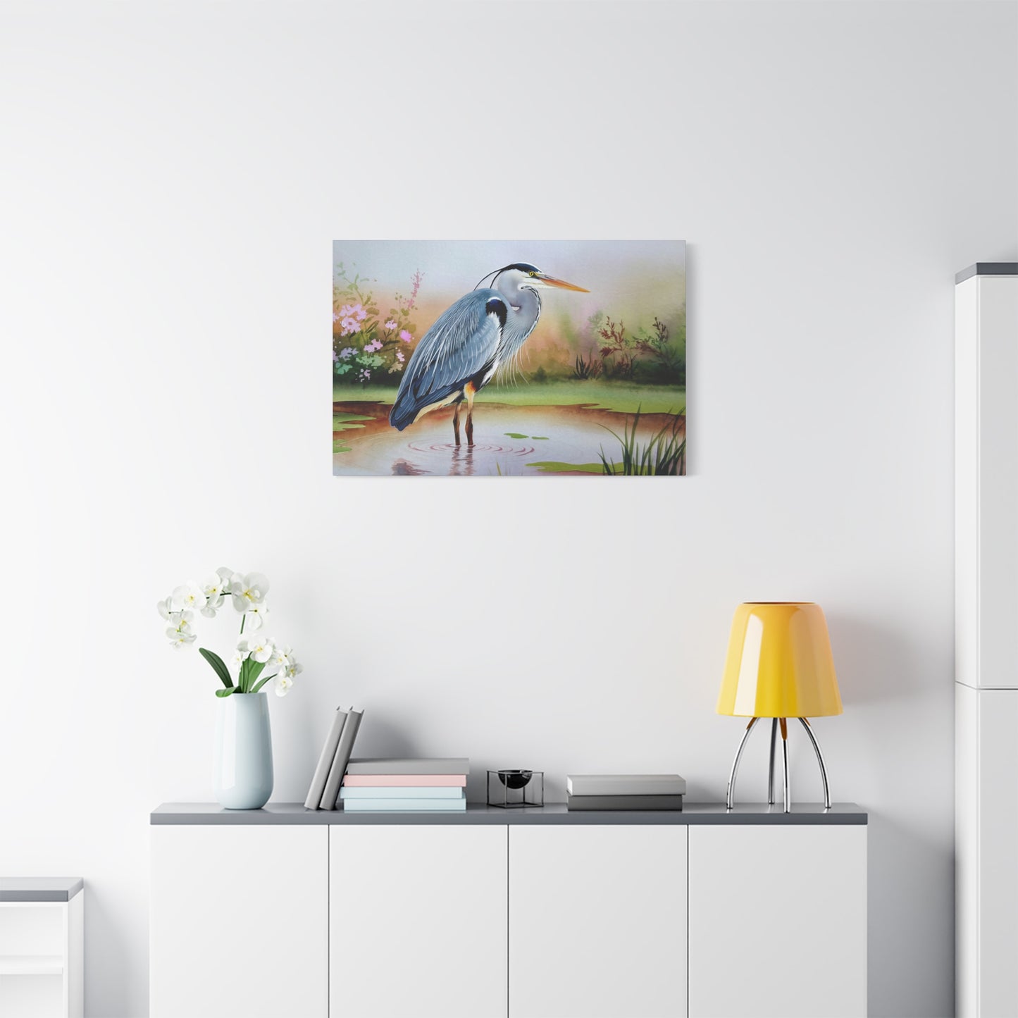 Blue Heron Standing In Water Watercolor Canvas Wall Art
