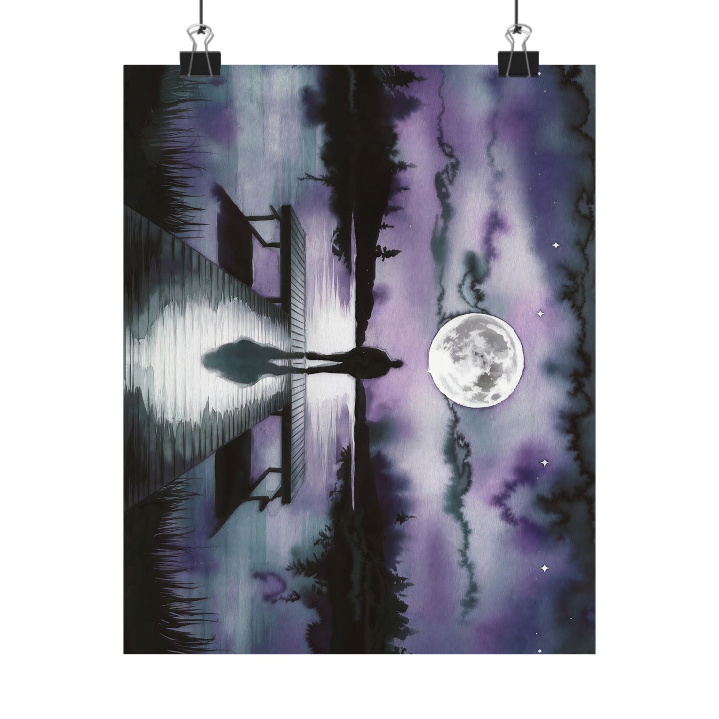 Man Looking At Moon Over A Lake Watercolor Poster
