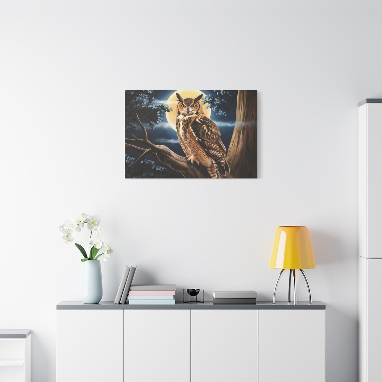 Horned Owl With Full Moon Watercolor Canvas Wall Art