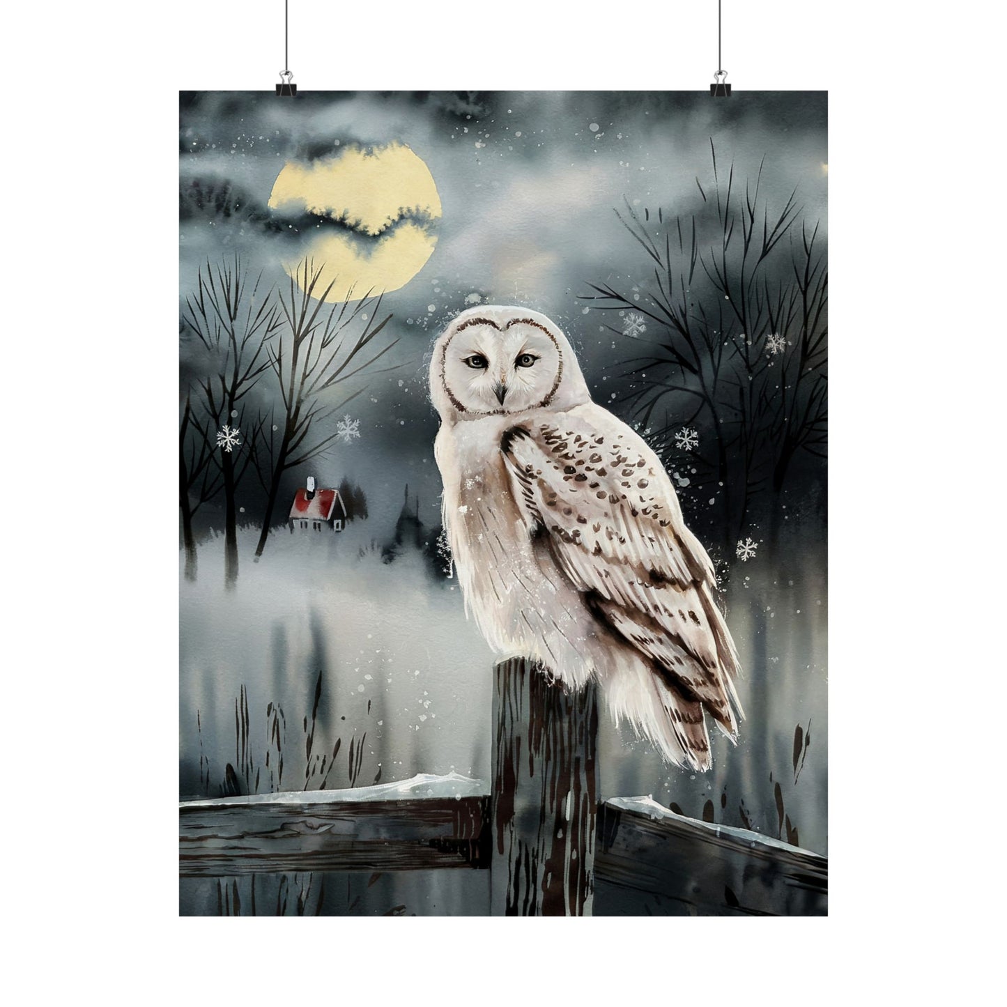 Snow Owl At Night On Post Poster