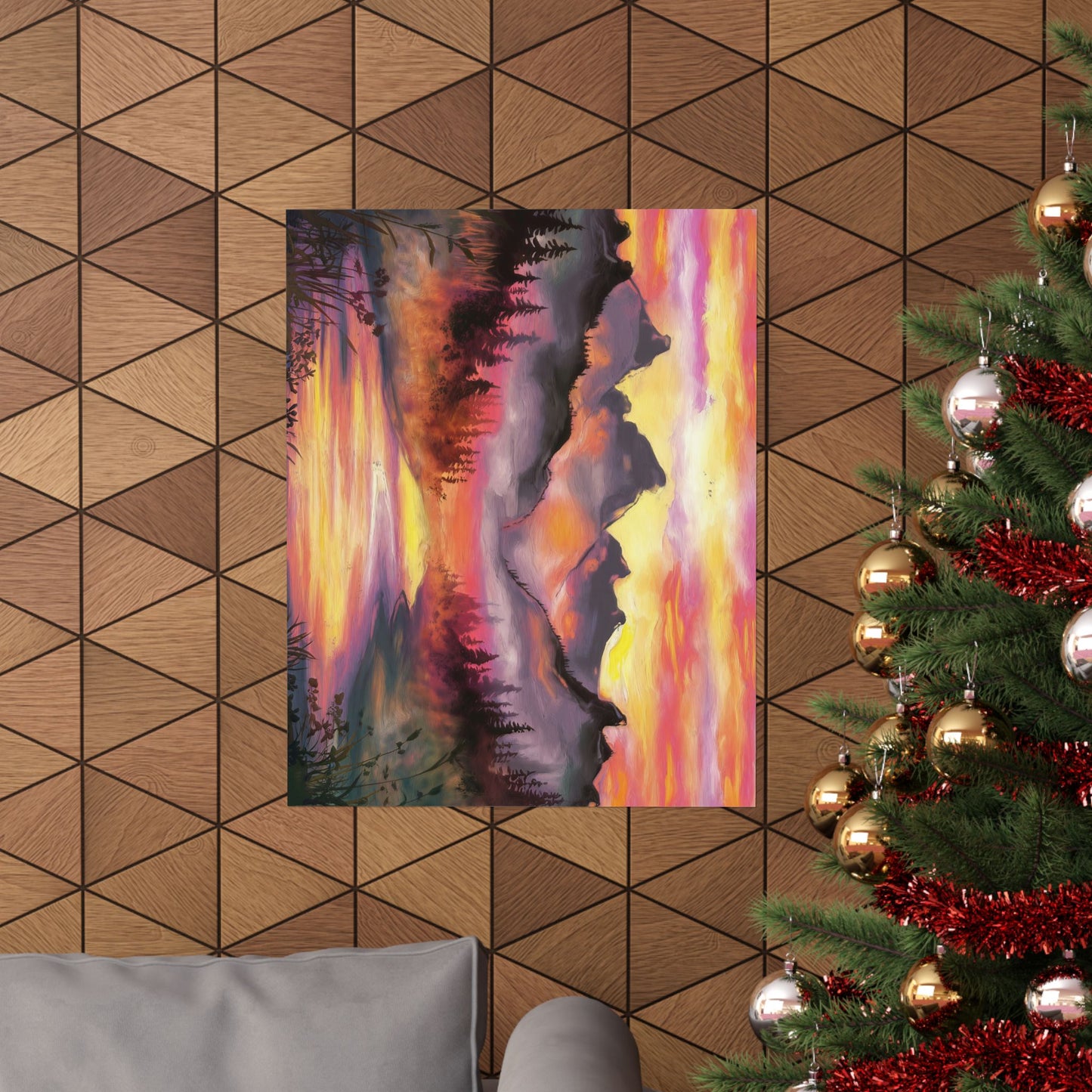 Dreamy Mountain Woodland Sunset Watercolor Poster