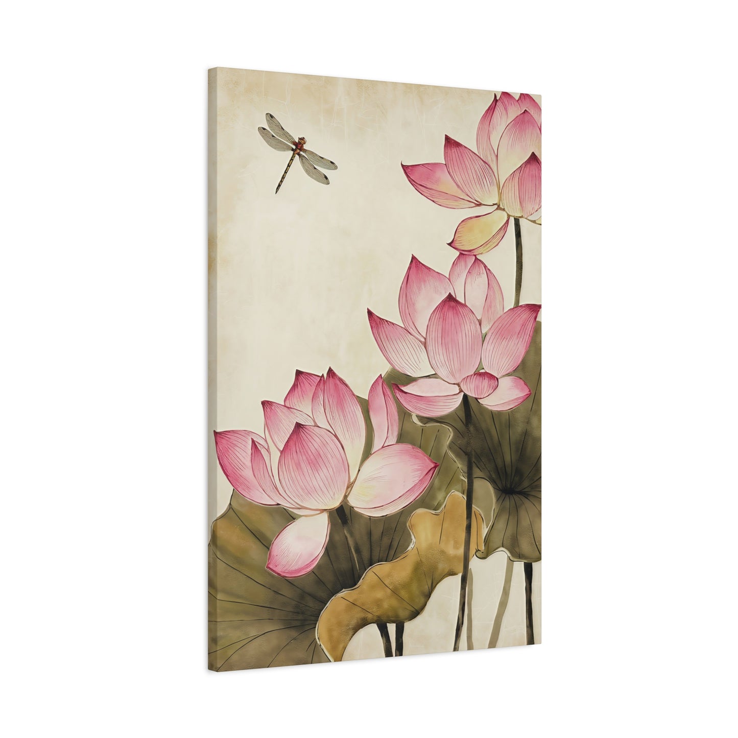 Pink Flowers With Dragonfly Canvas Wall Art